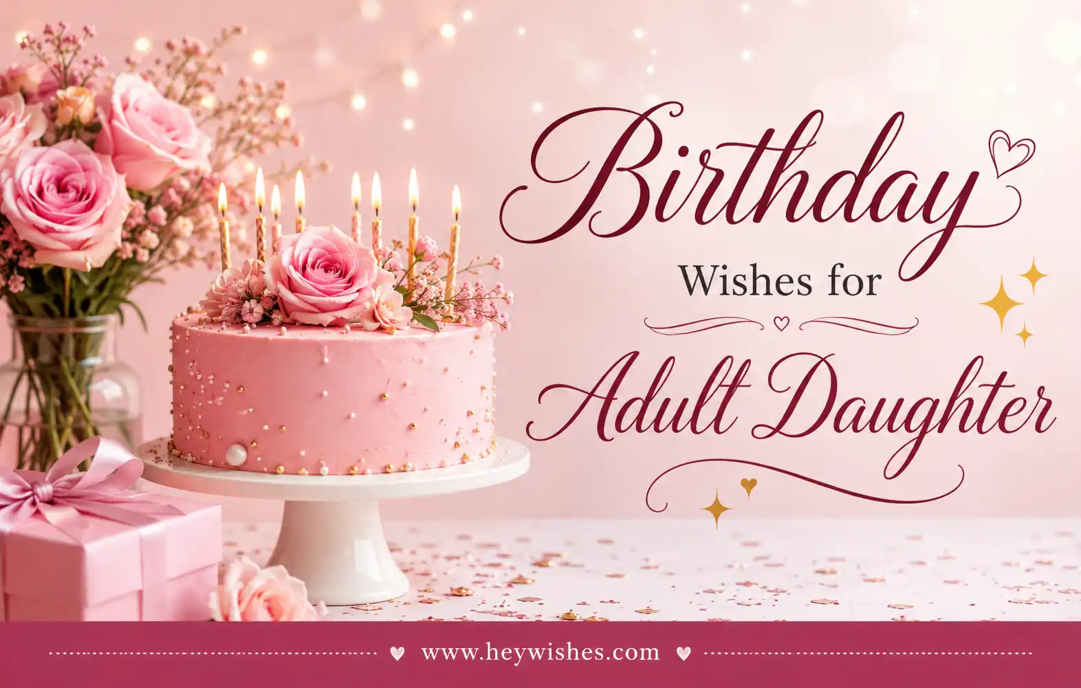 Elegant pink birthday cake with roses and sparkles featuring stylish “Birthday Wishes for Adult Daughter ✨” text and website footer.