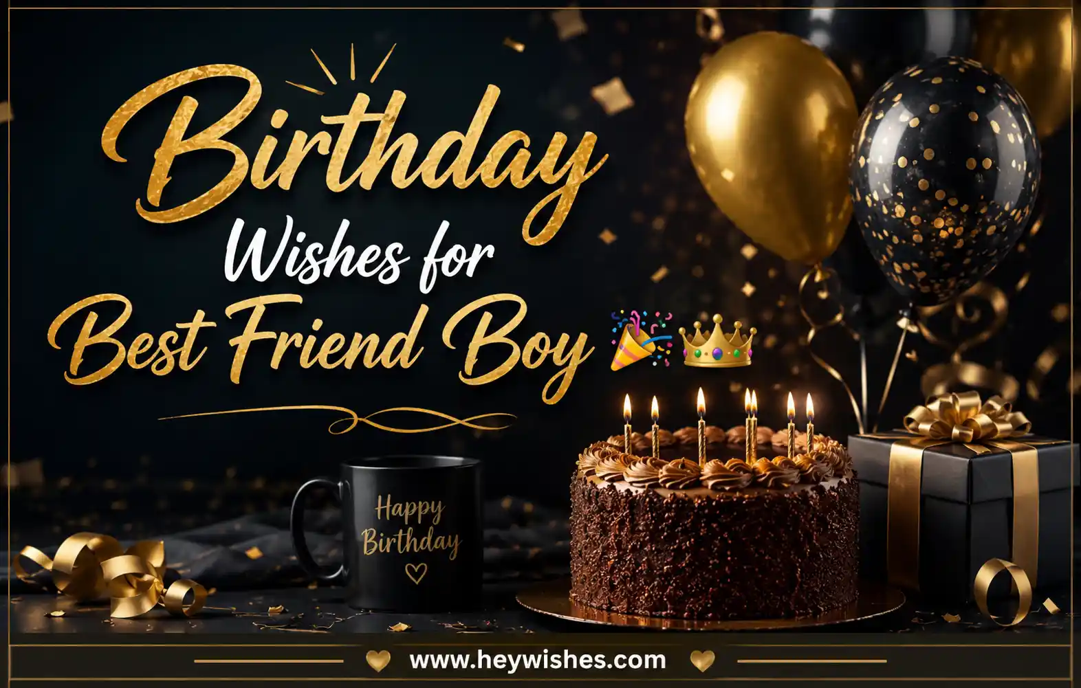 Stylish birthday card for best friend boy with gold balloons, cake, gift box, and festive black-gold celebration theme.