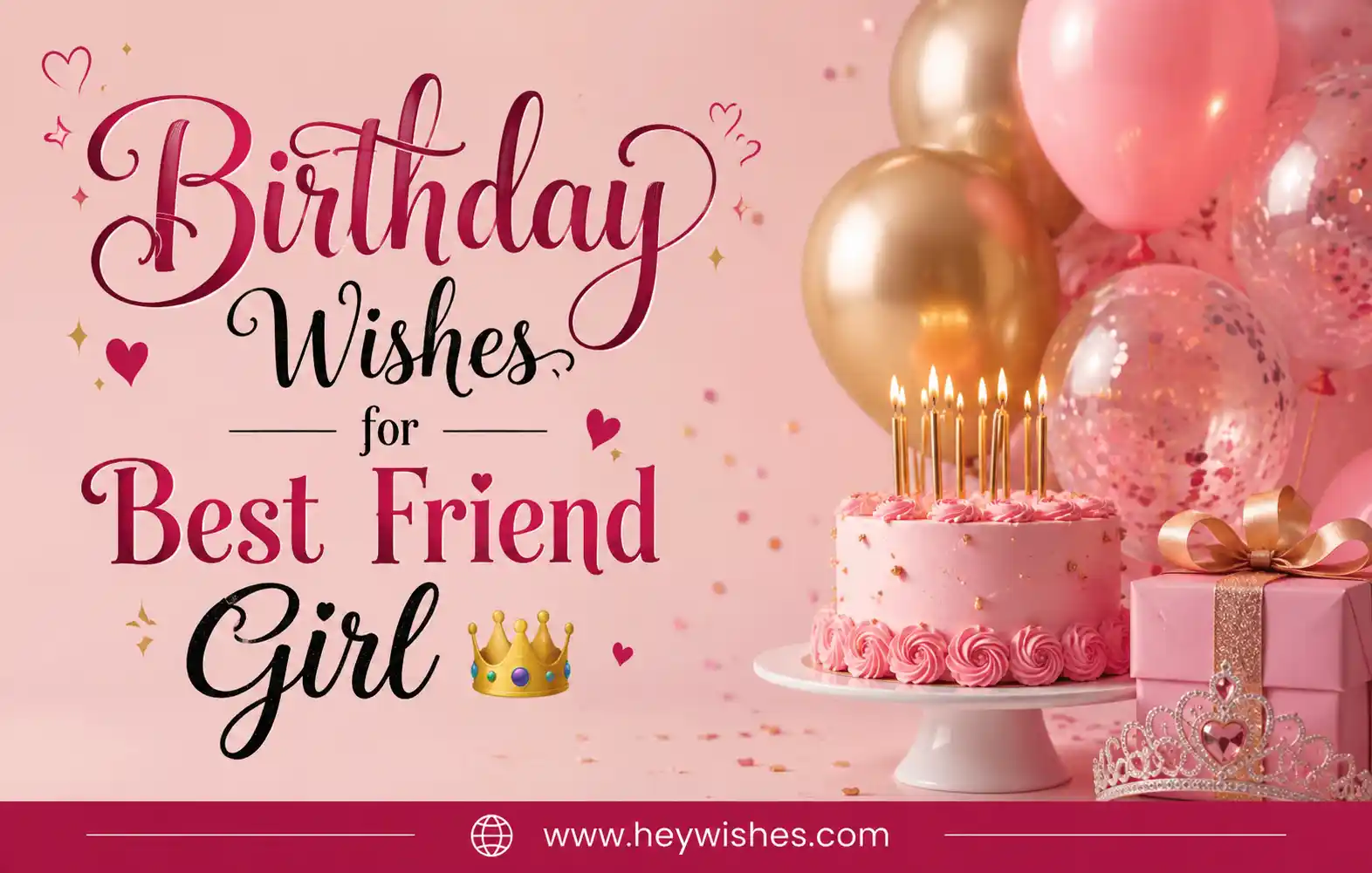 Pink birthday graphic with cake, balloons, crown, and stylish text reading “Birthday Wishes for Best Friend Girl 👑” with HeyWishes footer.