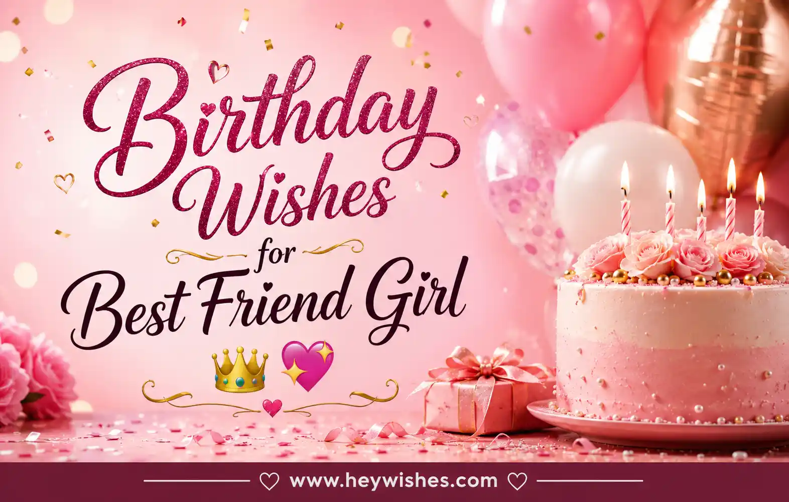 Pink birthday cake, balloons, and glittery text saying “Birthday Wishes for Best Friend Girl 👑💖” with festive decorations and heywishes.com footer.