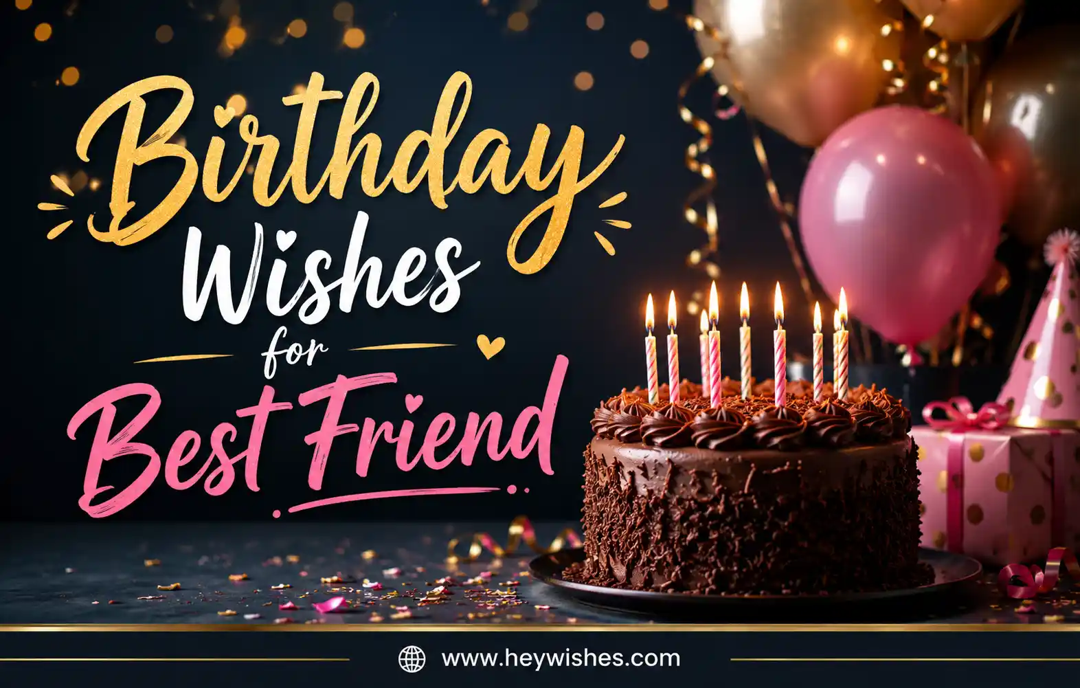 Stylish birthday wishes graphic for best friend with cake, candles, balloons, confetti, and festive party background.