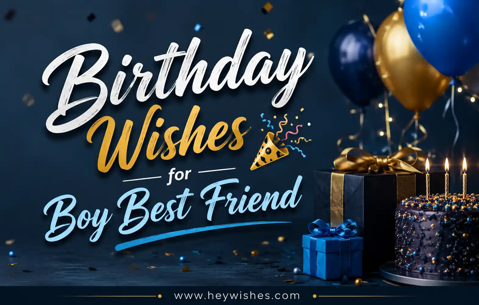 Stylish birthday wishes graphic for a boy best friend with balloons, gifts, cake, confetti, and HeyWishes branding.