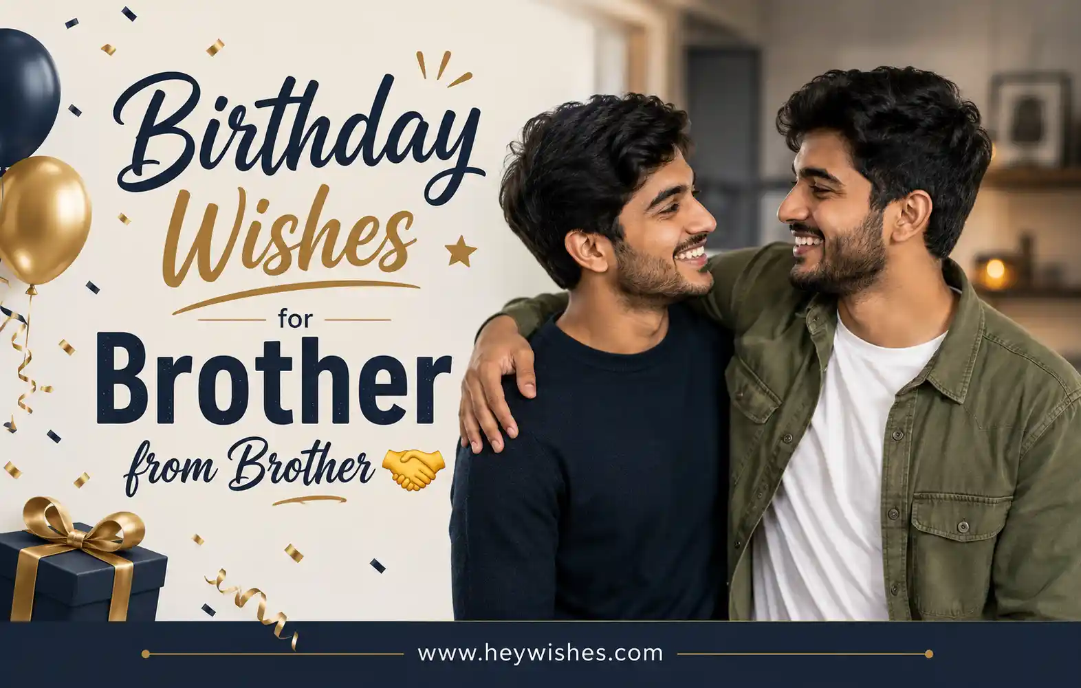 Birthday wishes banner showing two happy brothers smiling together with balloons, confetti, and gift box decorations.