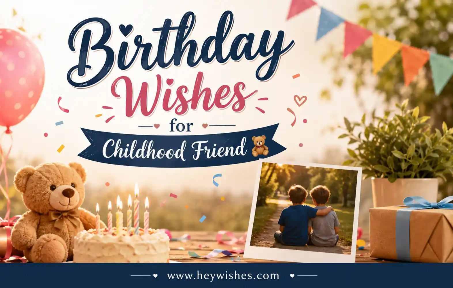 Realistic birthday banner for a childhood friend with teddy bear, cake, balloons, confetti, and nostalgic friendship photo.