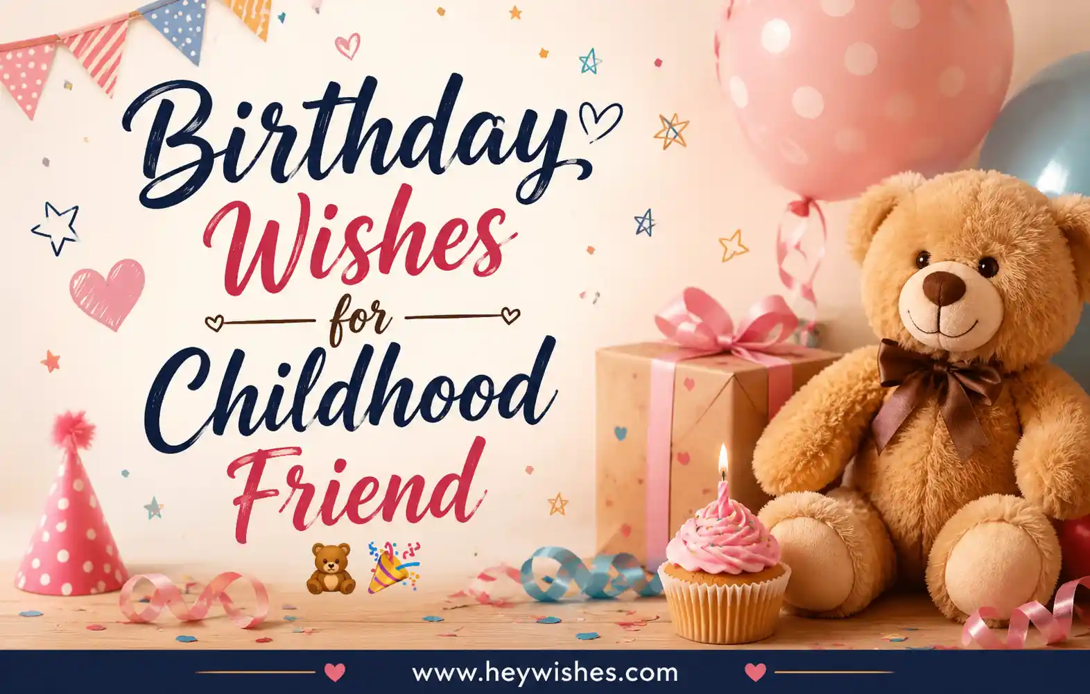 Cute birthday setup with teddy bear, balloons, cupcake, and gifts featuring stylish “Birthday Wishes for Childhood Friend” text.