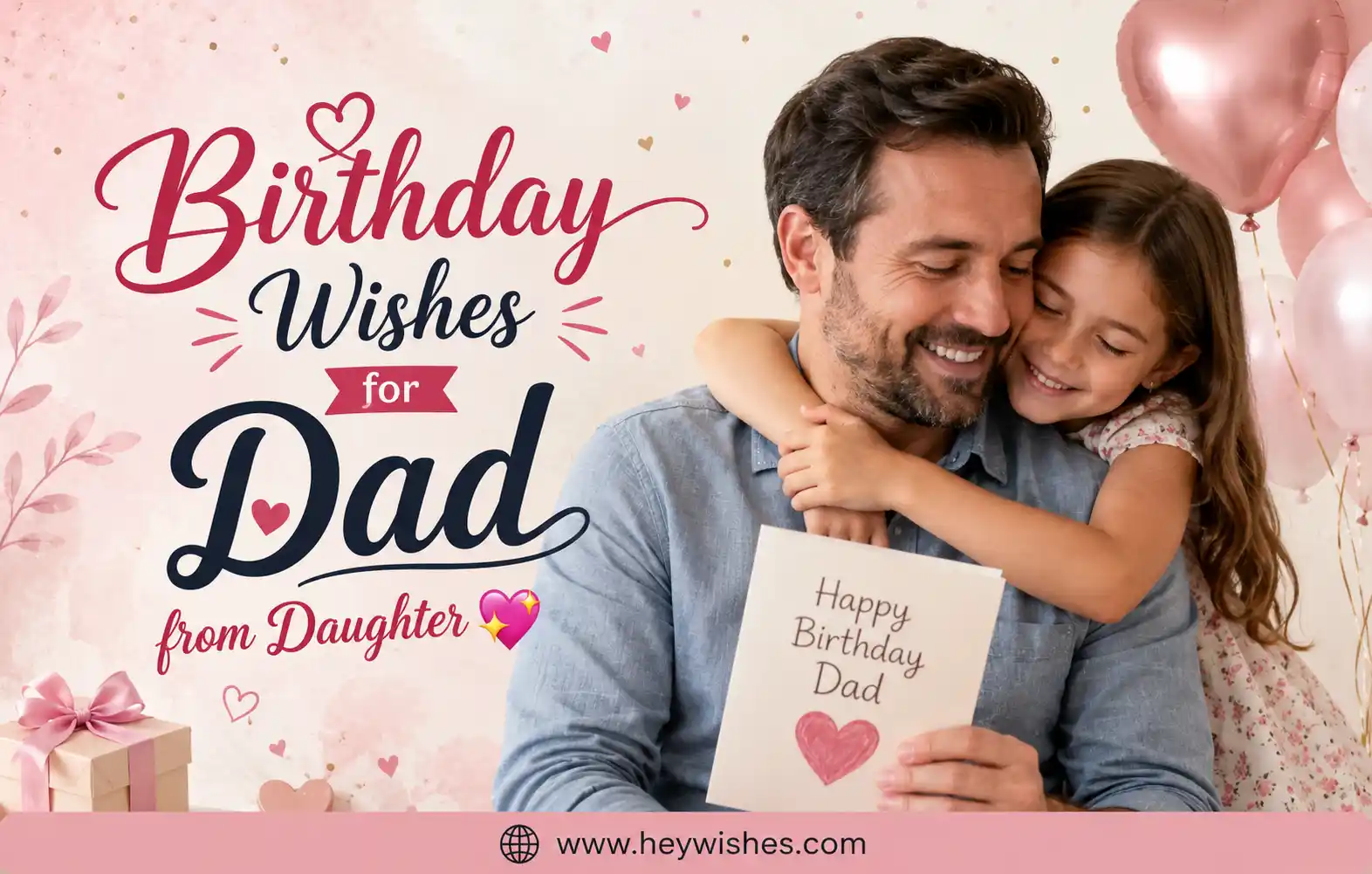 Realistic birthday card design showing a loving father and daughter hug with pink balloons and stylish “Birthday Wishes for Dad from Daughter 💖” text.