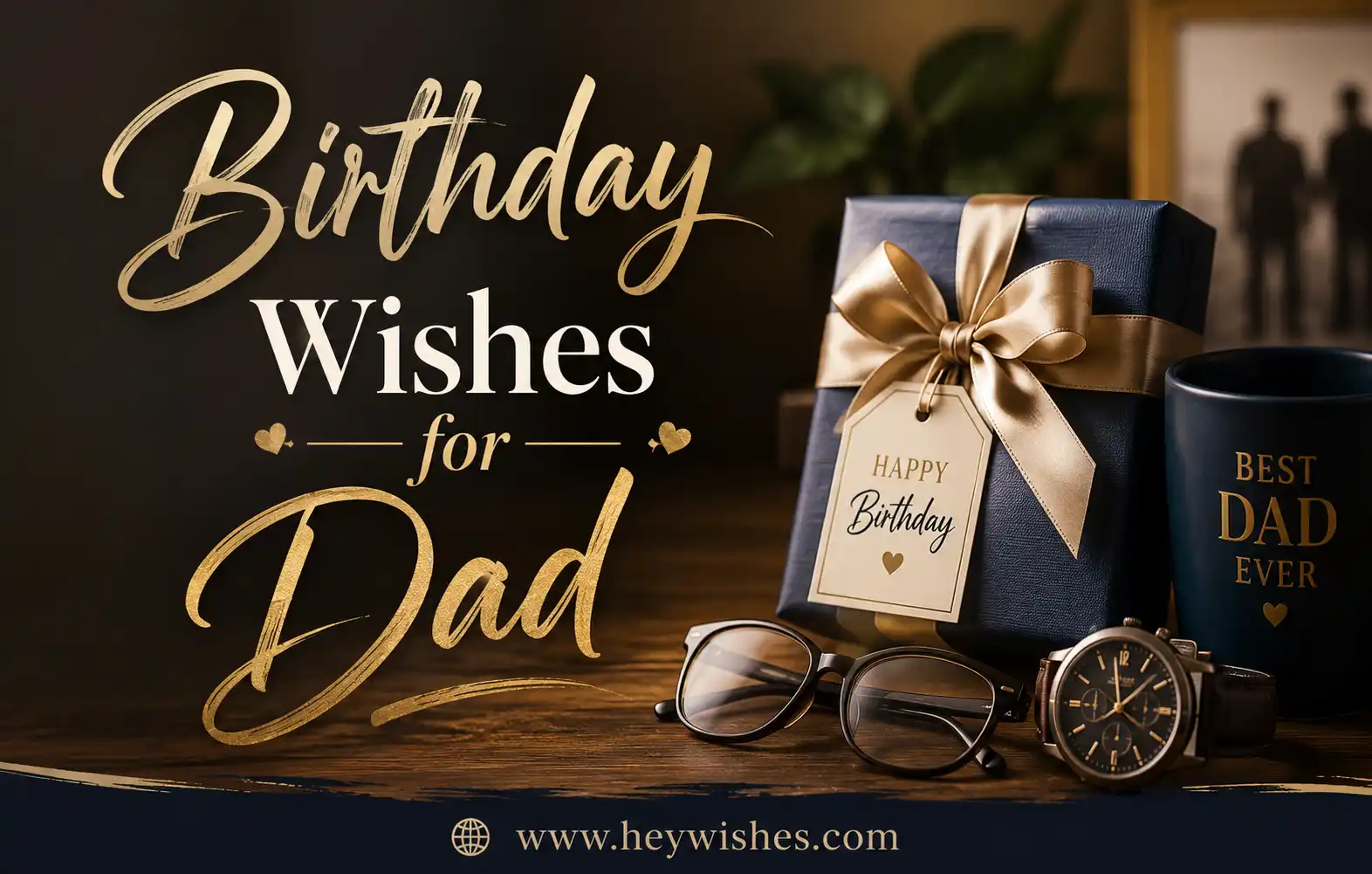 Elegant Birthday Wishes for Dad graphic with gift box, watch, mug, and stylish gold typography on a warm classy background.