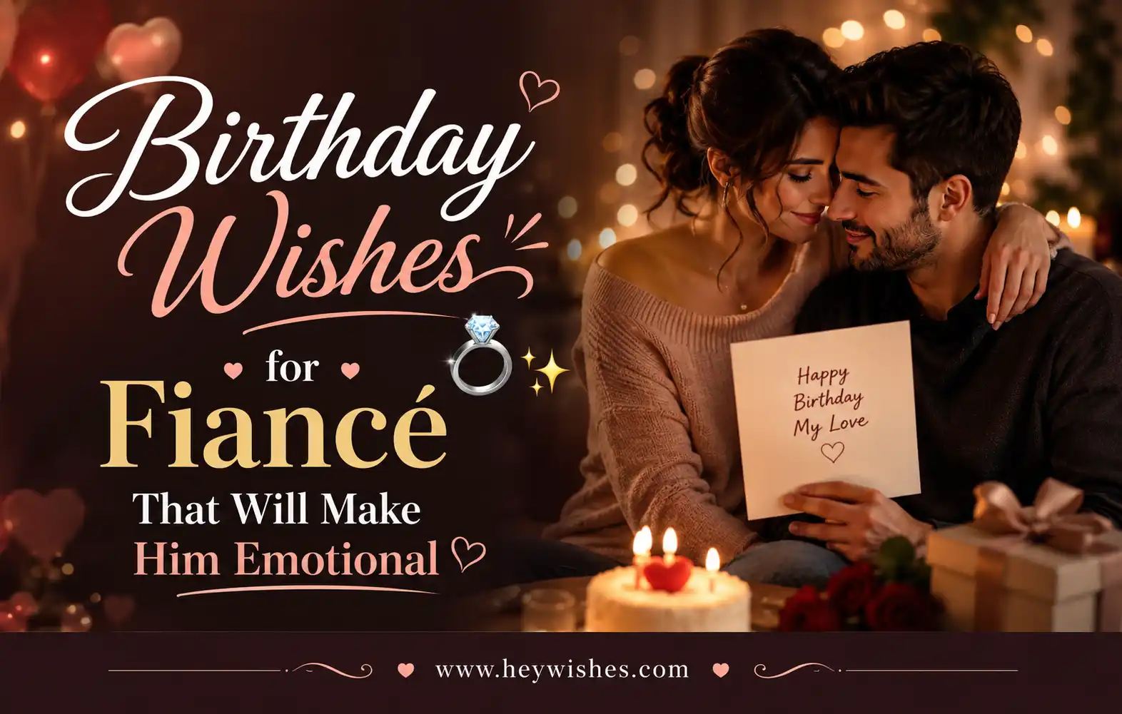 Romantic birthday banner for fiancé with emotional couple moment, candles, roses, and elegant typography in warm lighting.