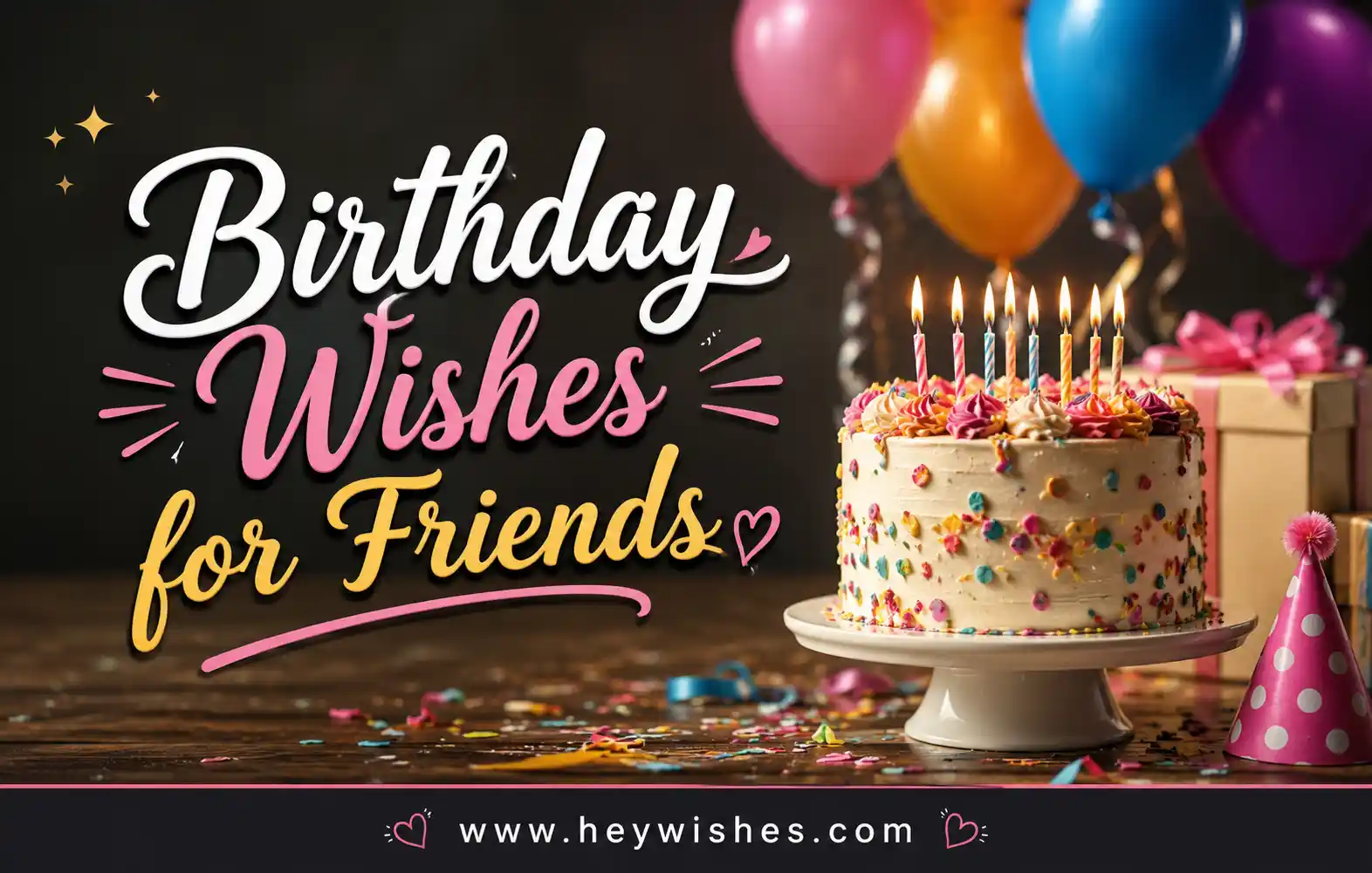 Colorful birthday wishes graphic for friends with cake, balloons, gifts, stylish text, and festive party decorations.