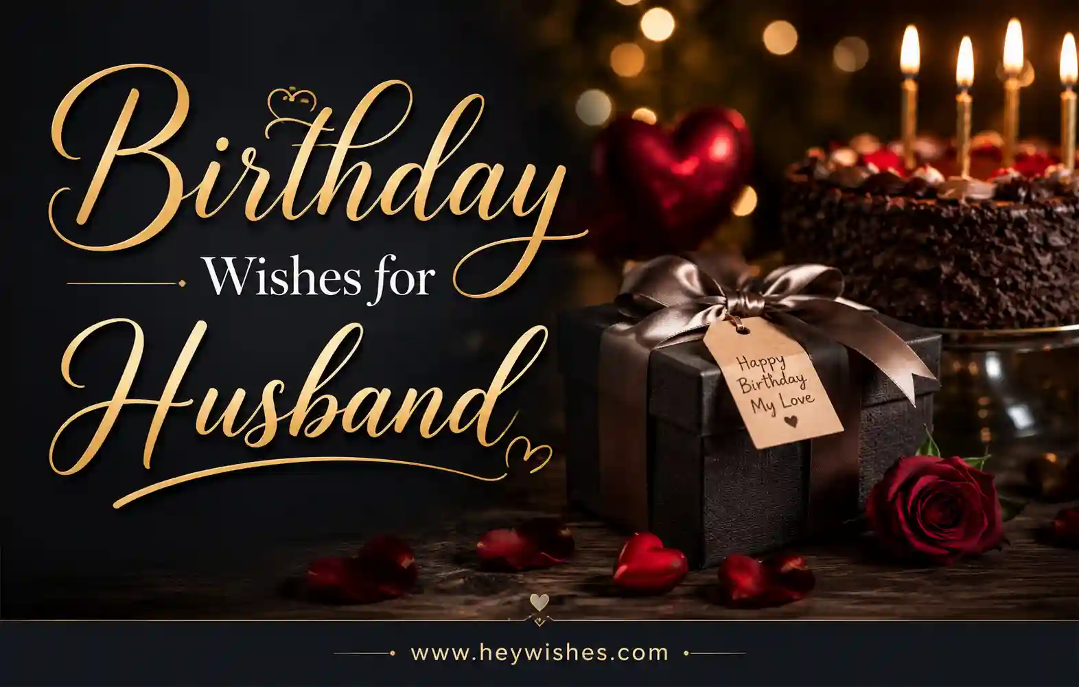 Romantic birthday image for husband with elegant gold text, cake, candles, gift box, rose, and warm glowing background.
