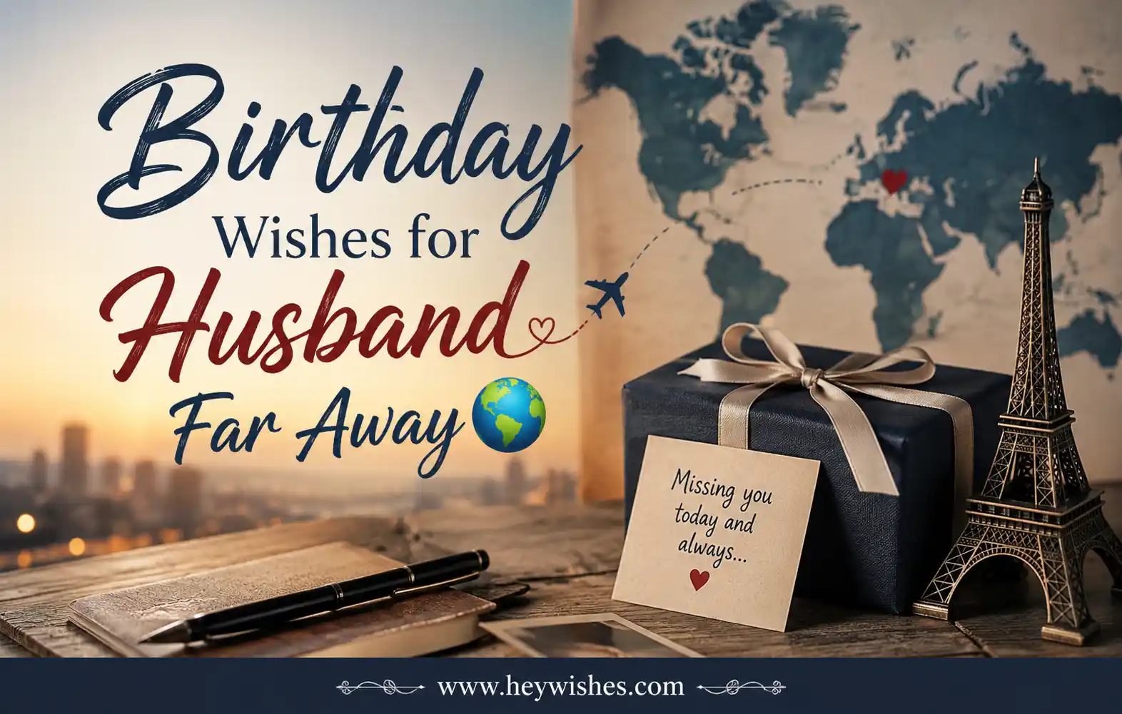 Stylish long-distance birthday card for husband with world map, travel graphics, gift box, and romantic typography on warm background.