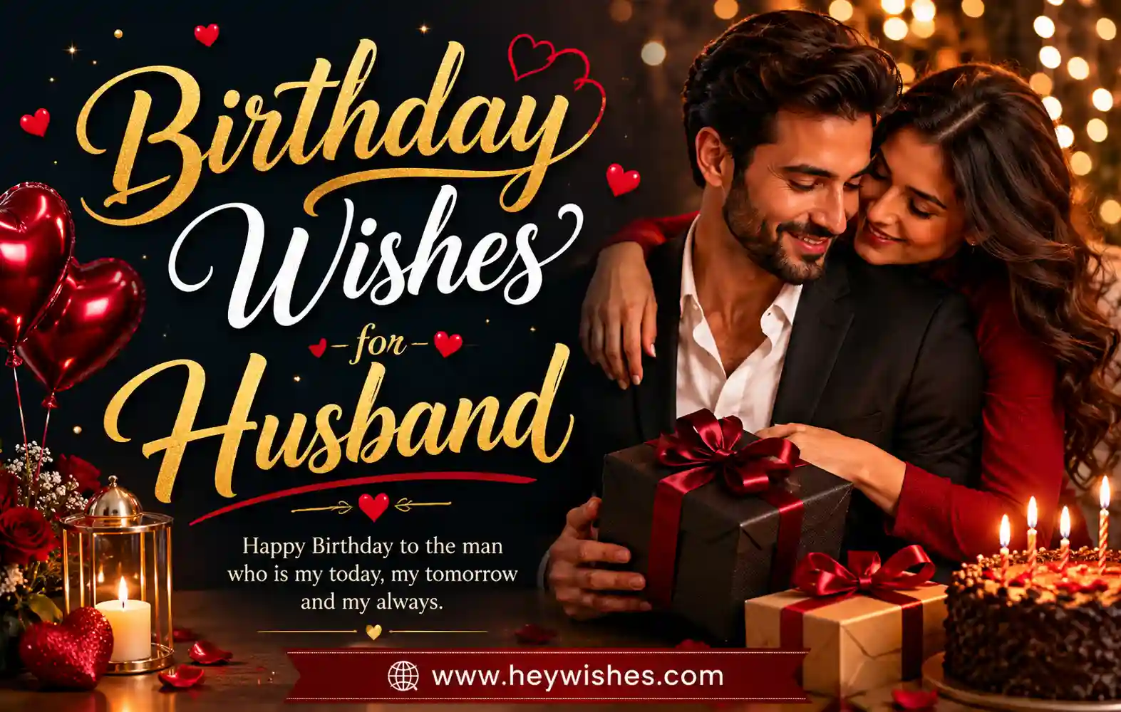 Romantic birthday banner for husband with cake, gift box, candles, roses, and stylish golden typography on dark elegant background.