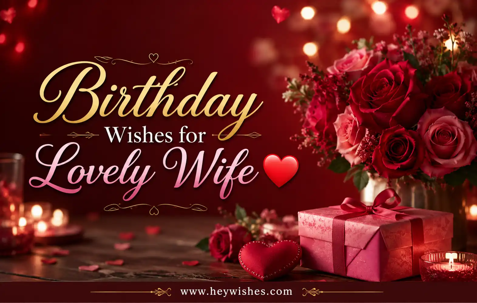 Romantic birthday card for wife with elegant text, red roses, heart decor, gift box, and website branding footer.