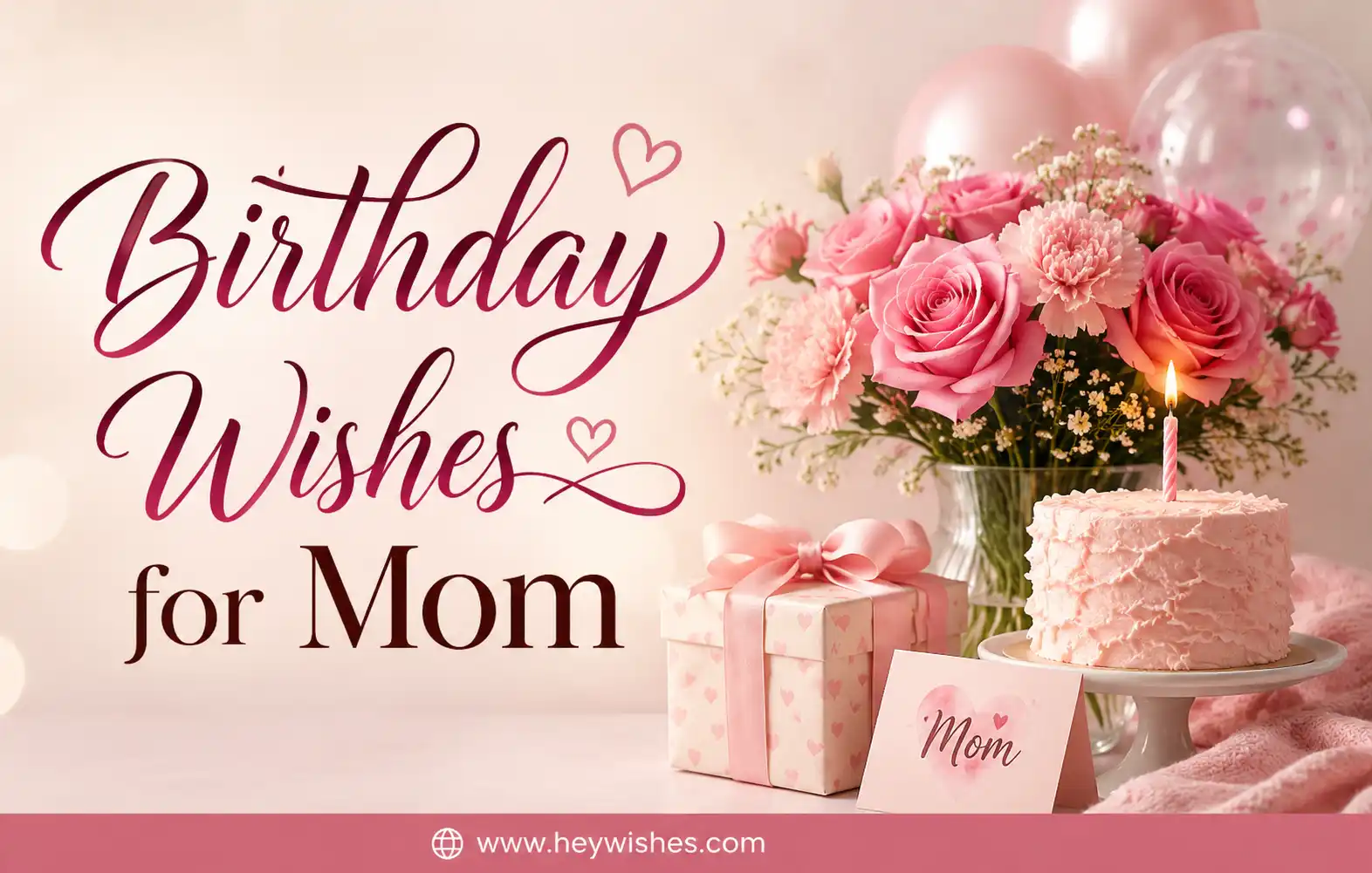 Elegant pink floral birthday card for mom with roses, gift box, cake, stylish typography, and heartfelt celebration theme.
