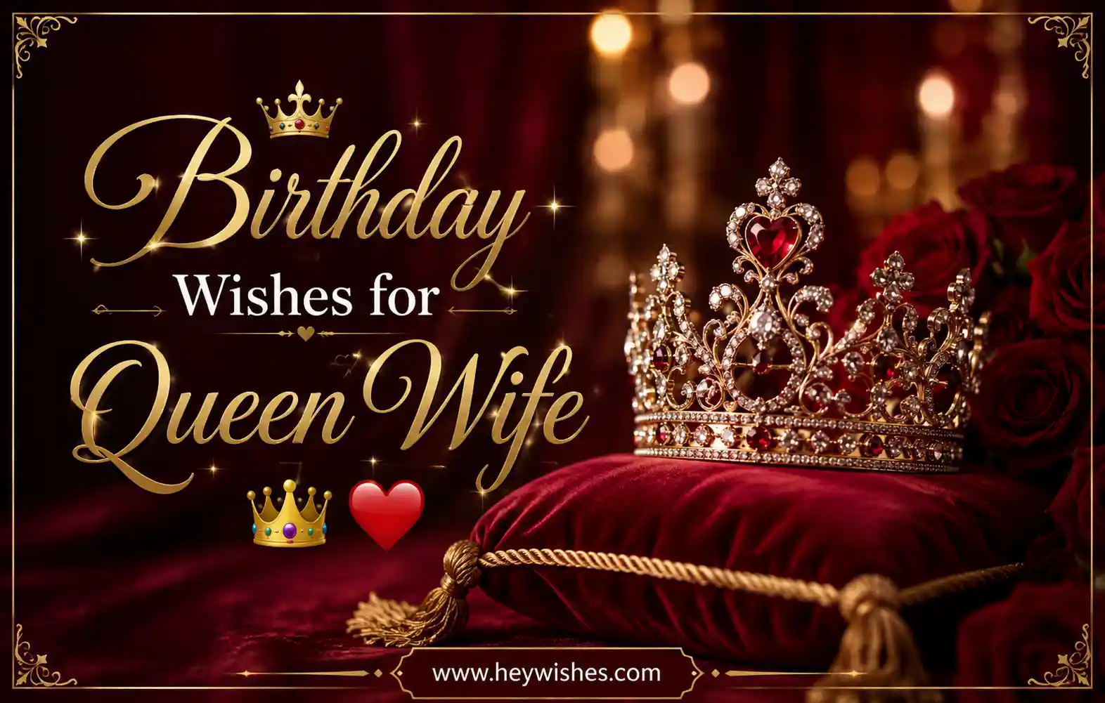 Elegant birthday greeting for a queen wife featuring a royal crown, red roses, golden typography, and a luxurious romantic backdrop.