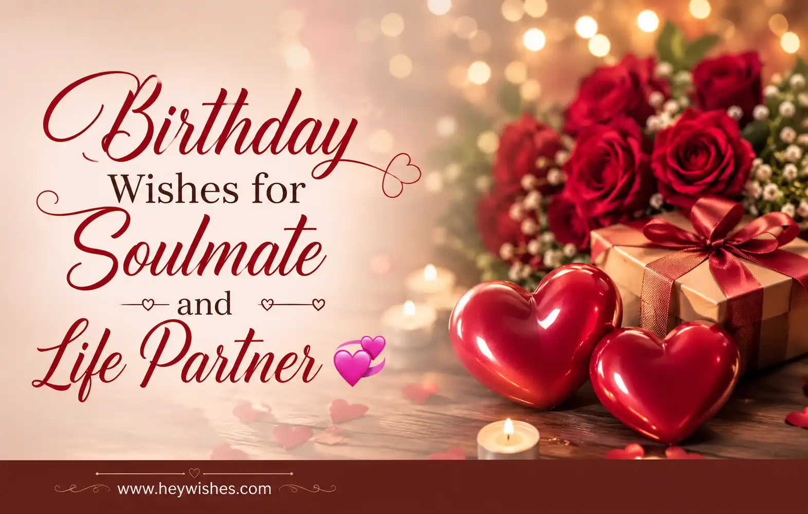 Romantic birthday greeting card with roses, heart decorations, candles, and gift box featuring soulmate and life partner wishes.