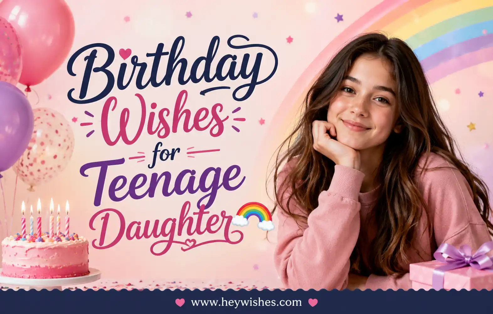 Realistic birthday wishes graphic for a teenage daughter with rainbow, balloons, cake, stylish typography, and festive pastel background.