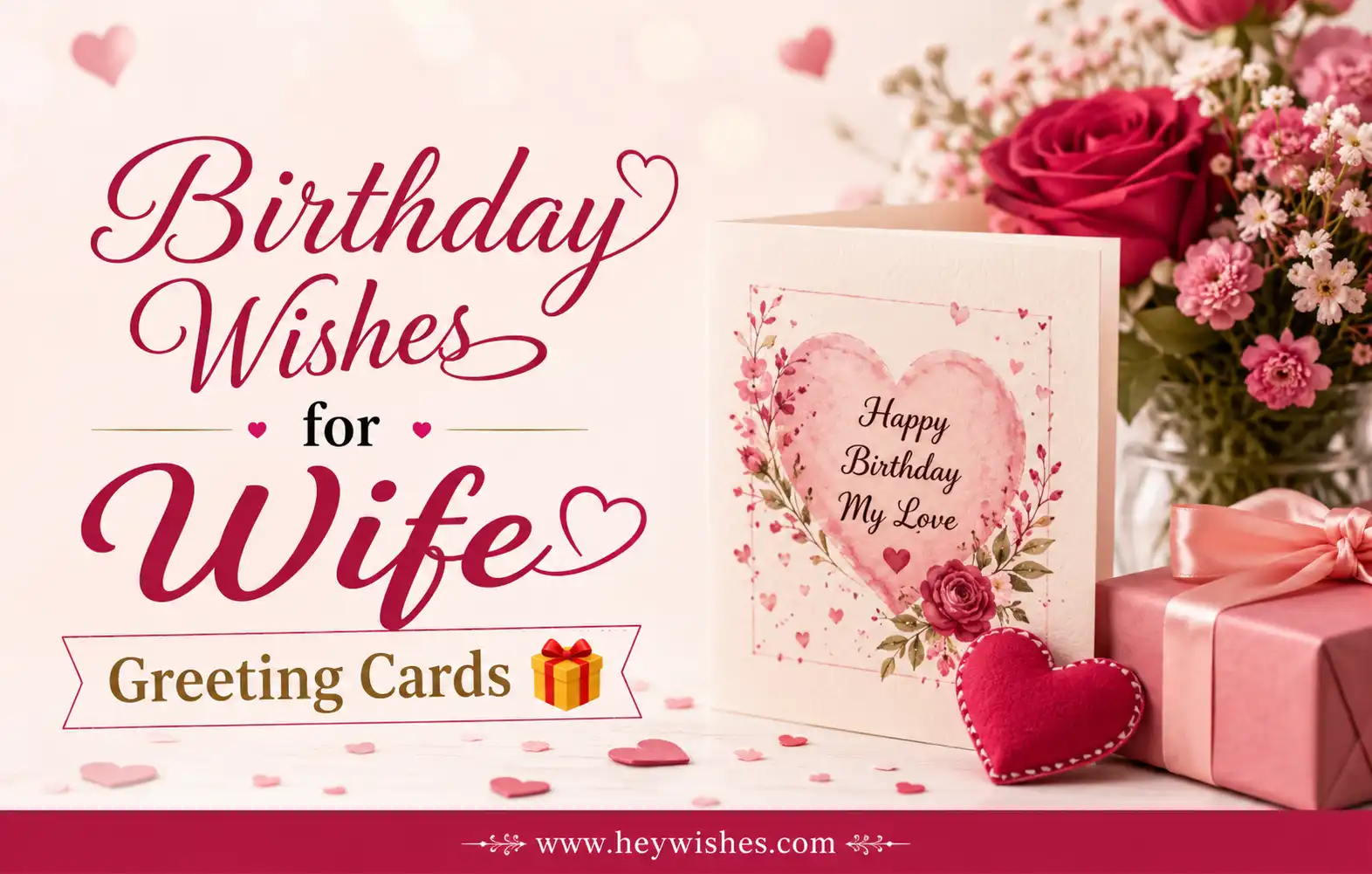 Romantic birthday wishes for wife greeting card with pink roses, gift box, heart decor, and stylish typography on soft pastel background.