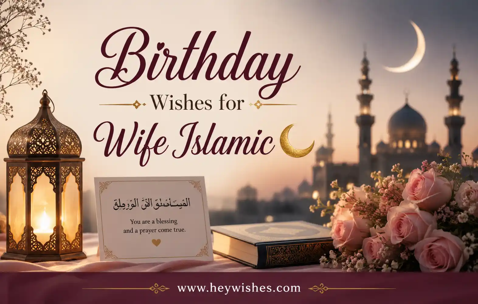 Elegant Islamic birthday wishes for wife with crescent moon, lantern, roses, Quran, mosque skyline, and stylish typography.