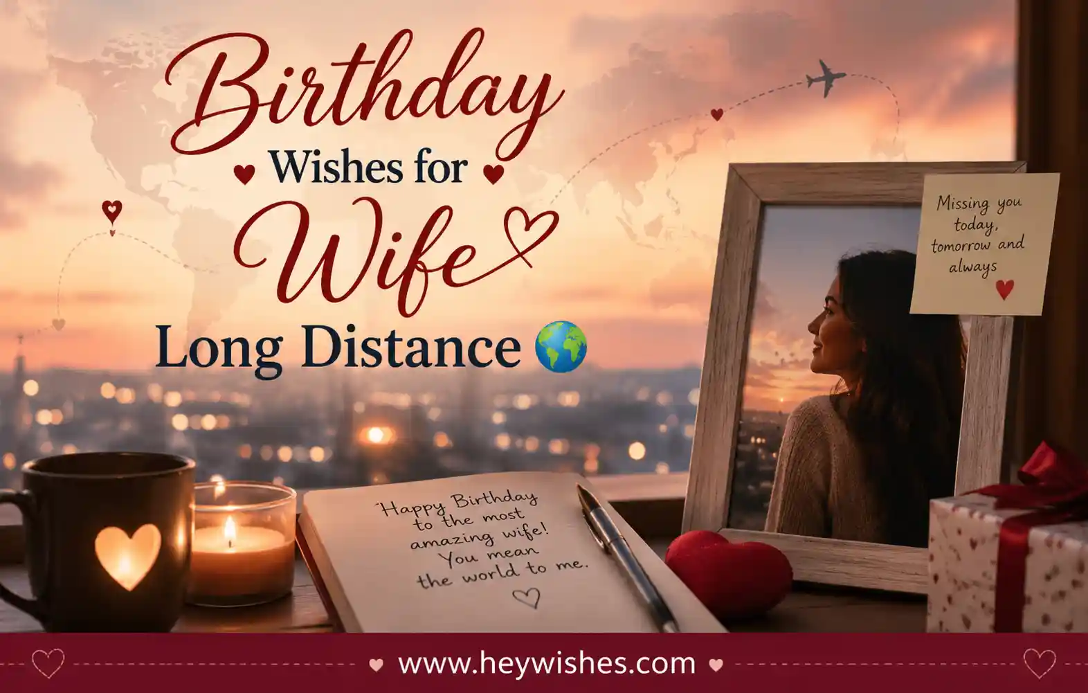 Romantic birthday wishes for long-distance wife with sunset city backdrop, desk candle, photo frame, hearts, and heywishes.com footer