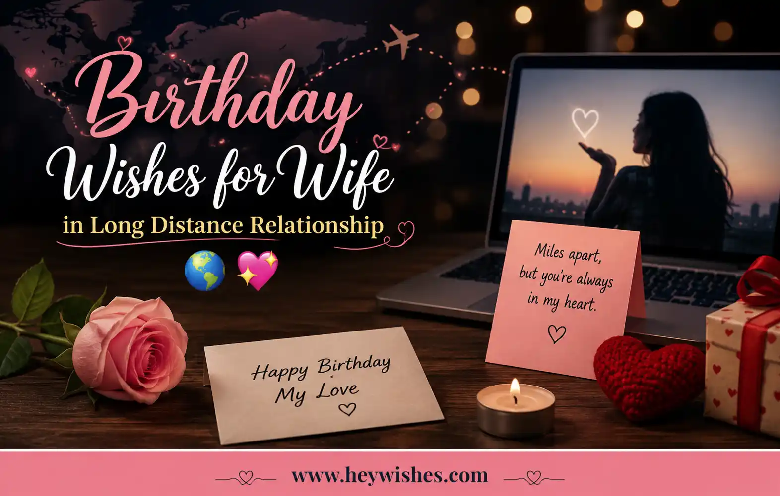 Romantic long-distance birthday wishes image for wife with world map, laptop video call, rose, hearts, and love-themed decorations.