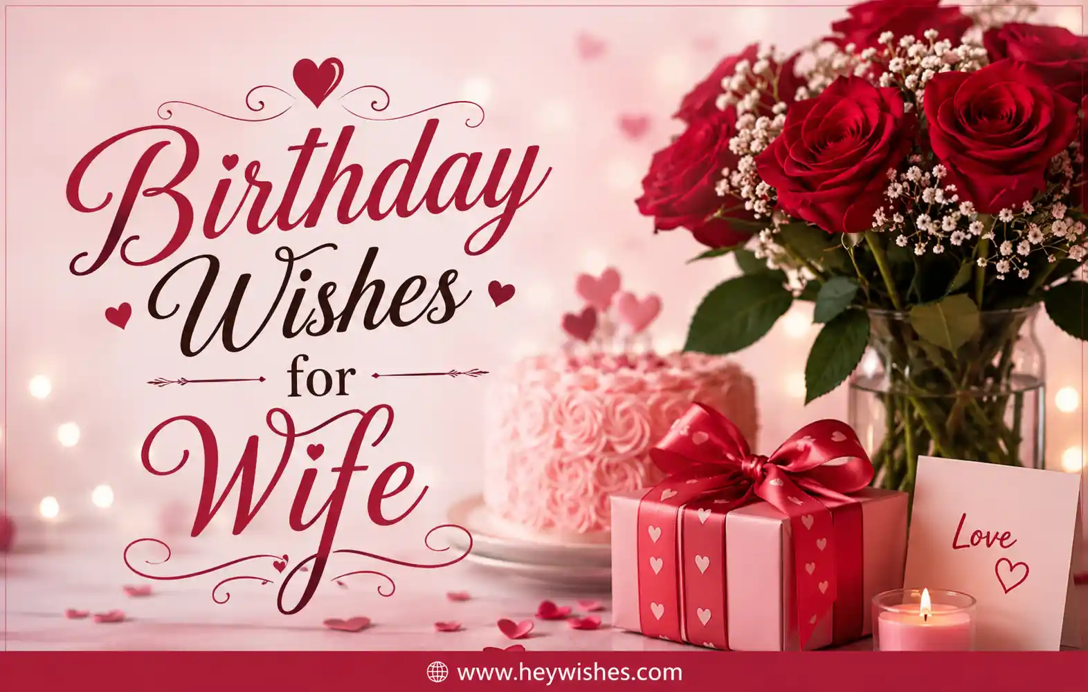Romantic birthday wishes for wife with roses, cake, gift box, hearts, and elegant typography on a pink dreamy background.