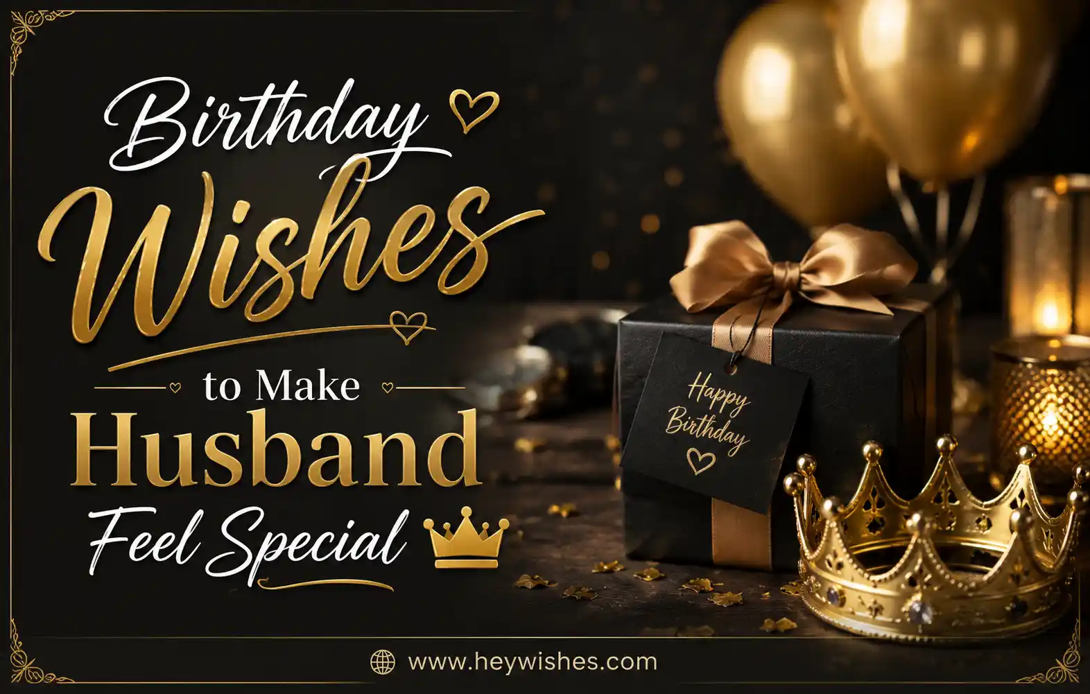 Elegant birthday wishes graphic for husband with gold crown, gift box, balloons, and stylish typography on a dark luxury background.
