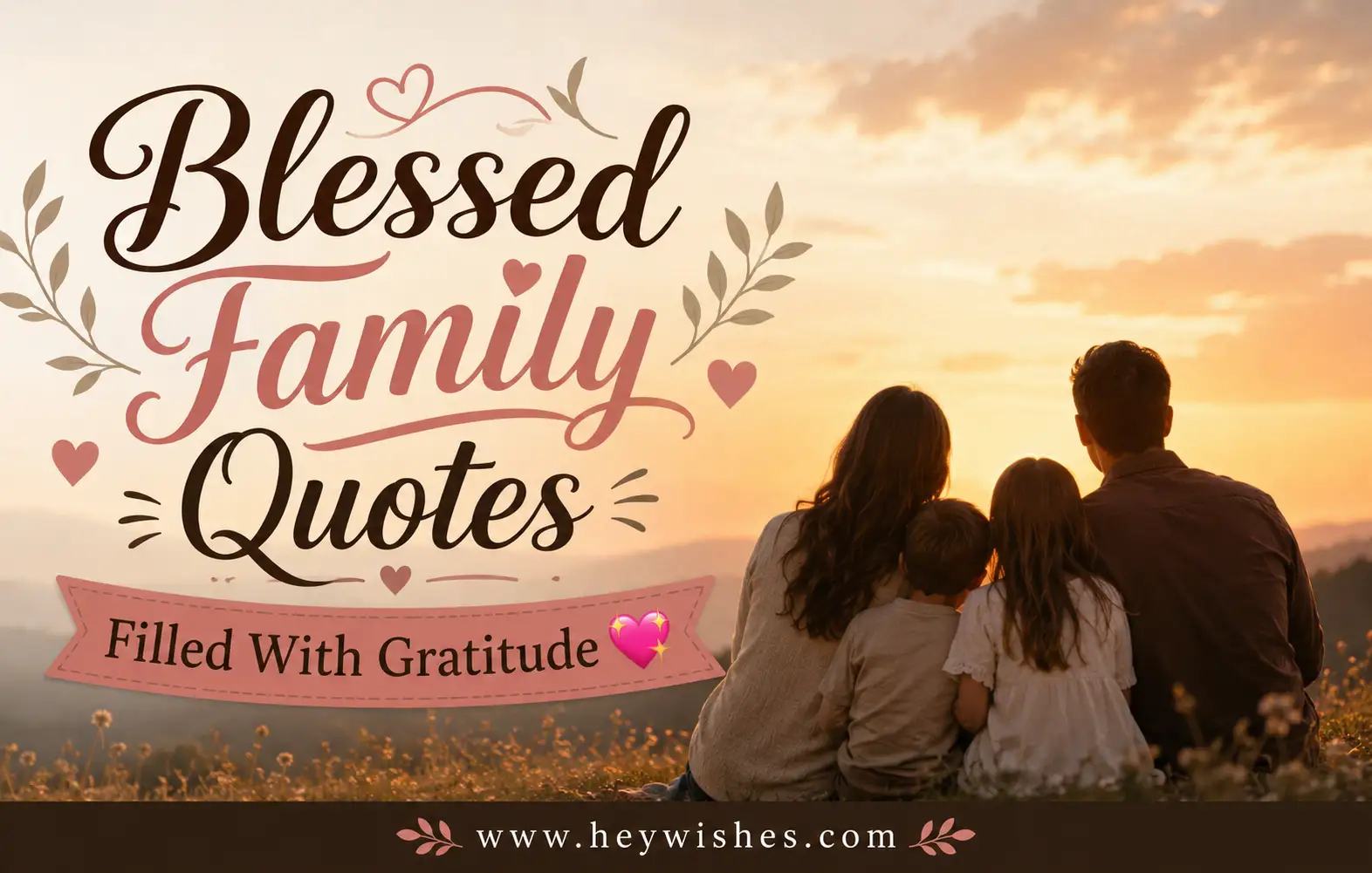 Blessed Family Quotes Filled With Gratitude graphic featuring a loving family at sunset, warm tones, hearts, and gratitude-themed typography.