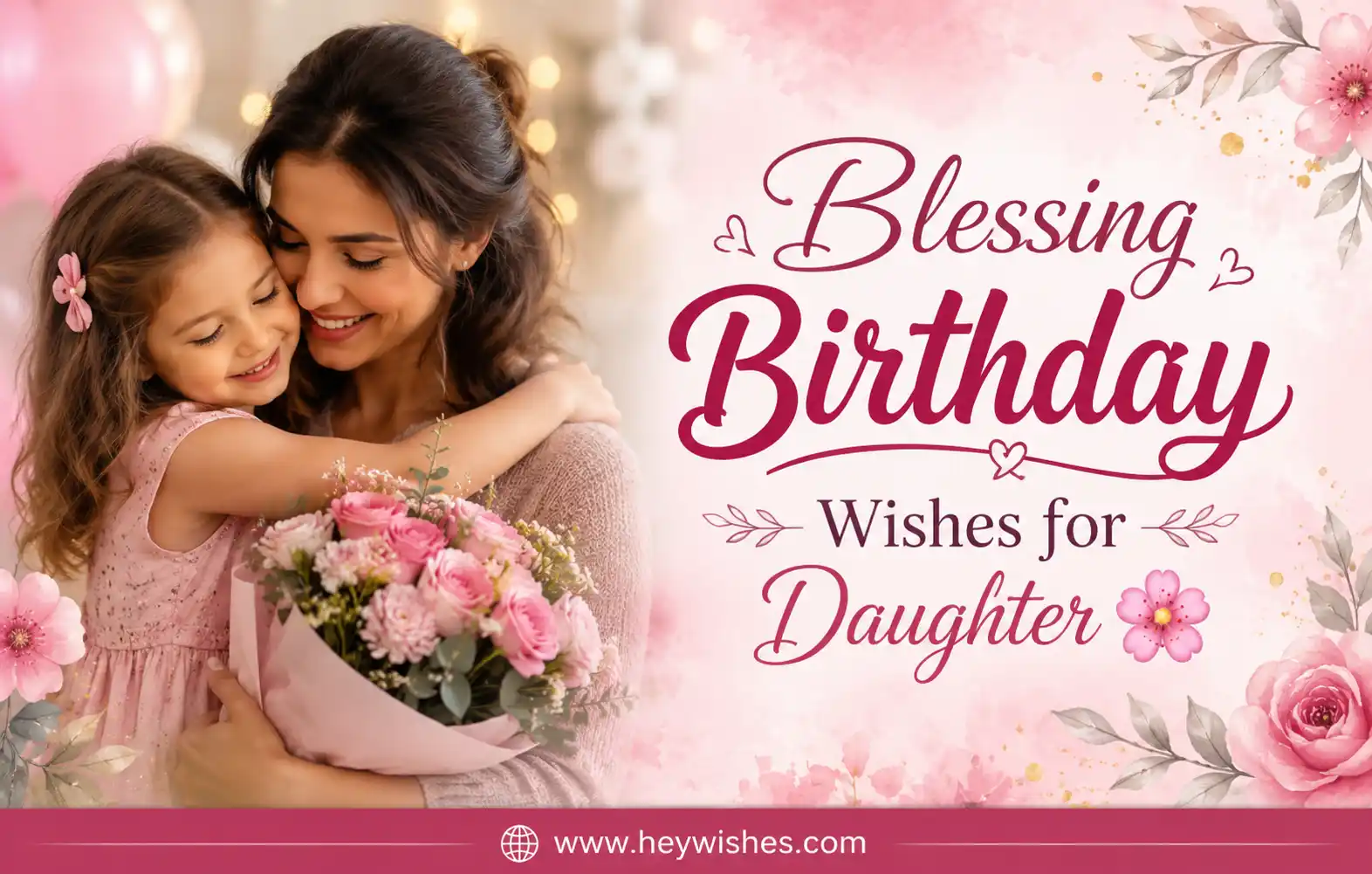 Realistic birthday banner for daughter with floral pastel background, loving mother-daughter hug, stylish typography, and heartfelt blessing theme.