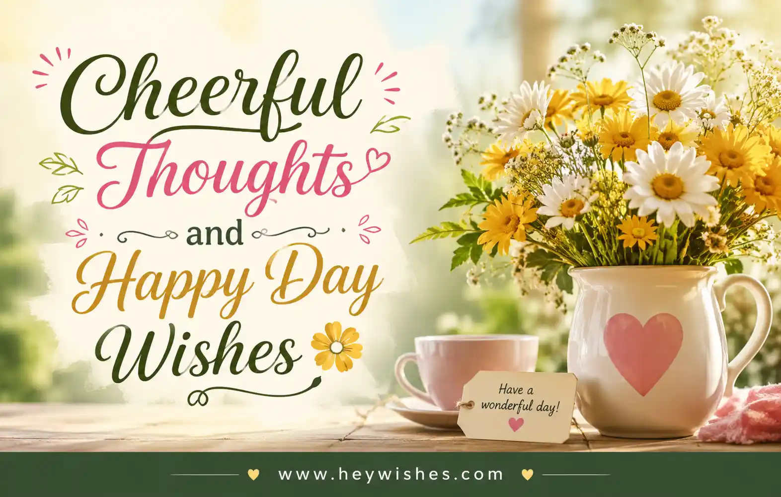 Cheerful Thoughts and Happy Day Wishes graphic with stylish text, daisies bouquet, cozy morning scene, and heywishes.com footer.**