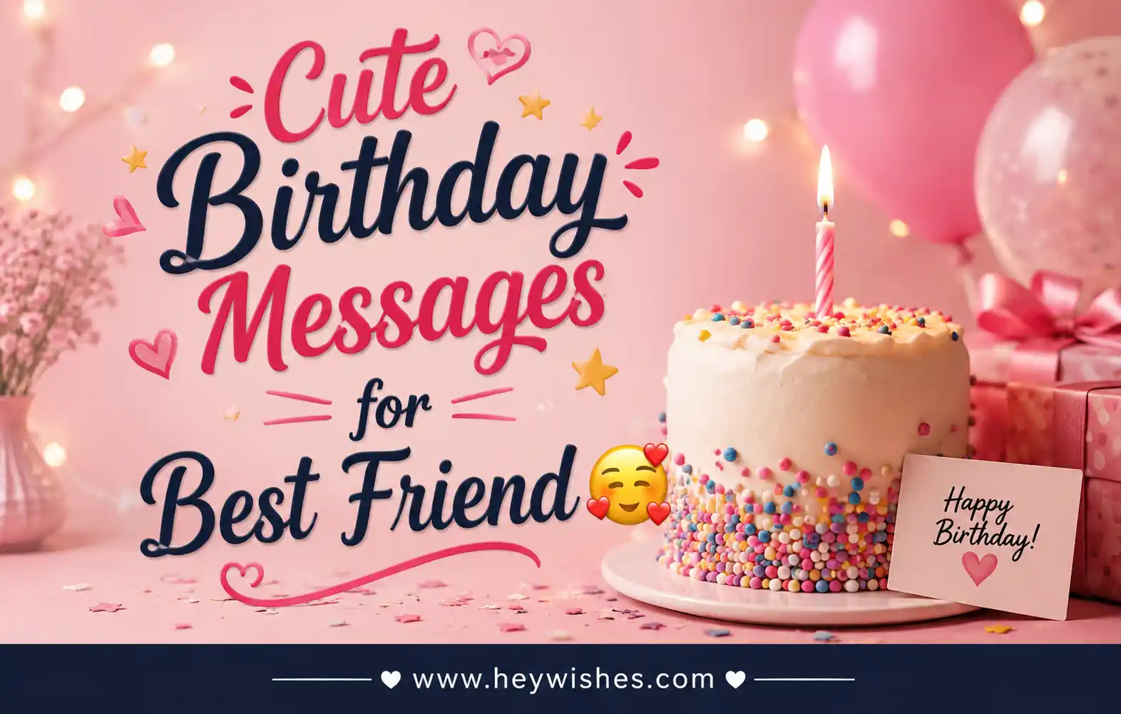 Pink birthday graphic with cake, balloons, and stylish text reading “Cute Birthday Messages for Best Friend 🥰” with HeyWishes footer.