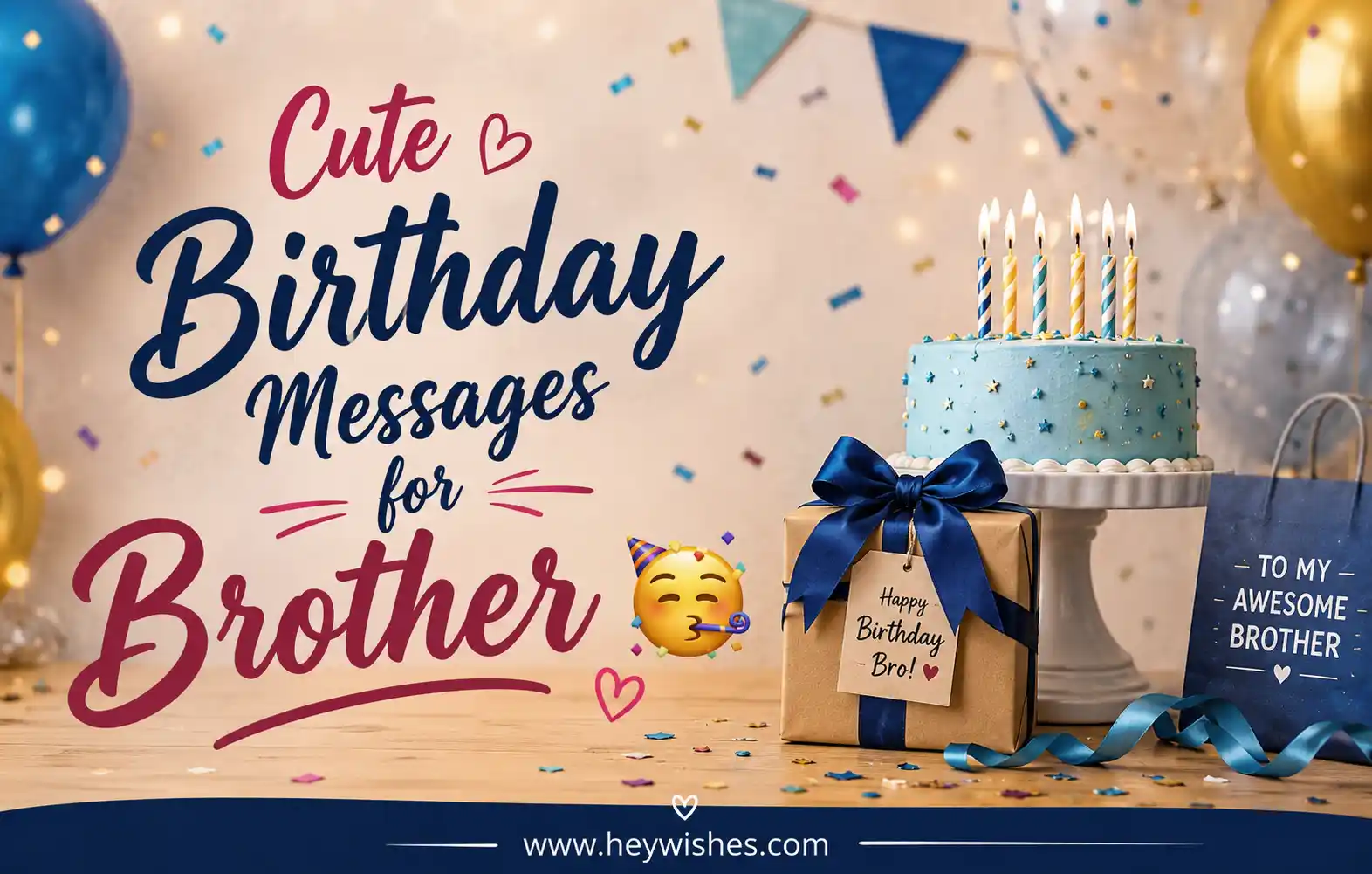 Realistic birthday graphic with cake, balloons, gifts, and stylish text saying “Cute Birthday Messages for Brother 🥳”.