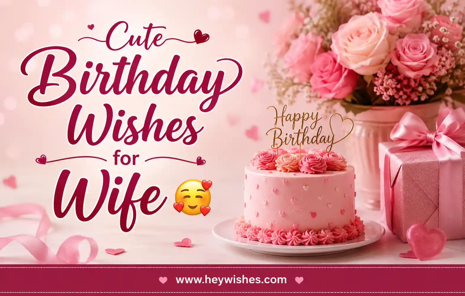 Cute birthday wishes graphic for wife with pink roses, cake, gift box, romantic pastel background, and stylish typography.