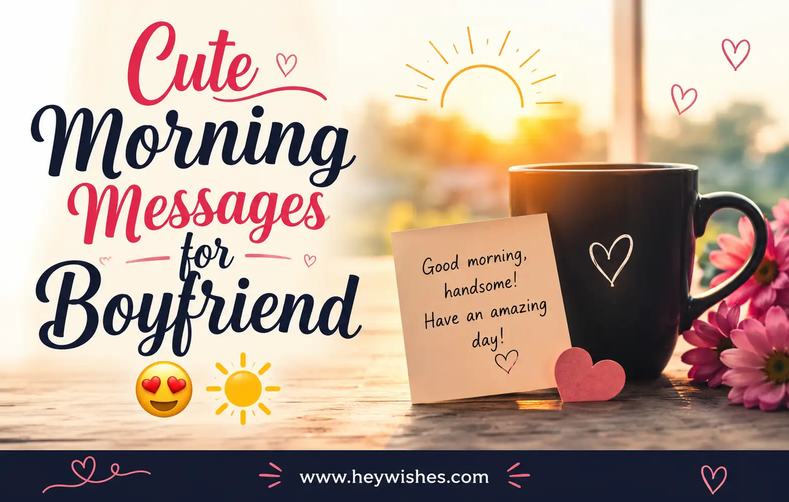 Romantic morning greeting design with coffee mug, flowers, and stylish text “Cute Morning Messages for Boyfriend 😍☀️”
