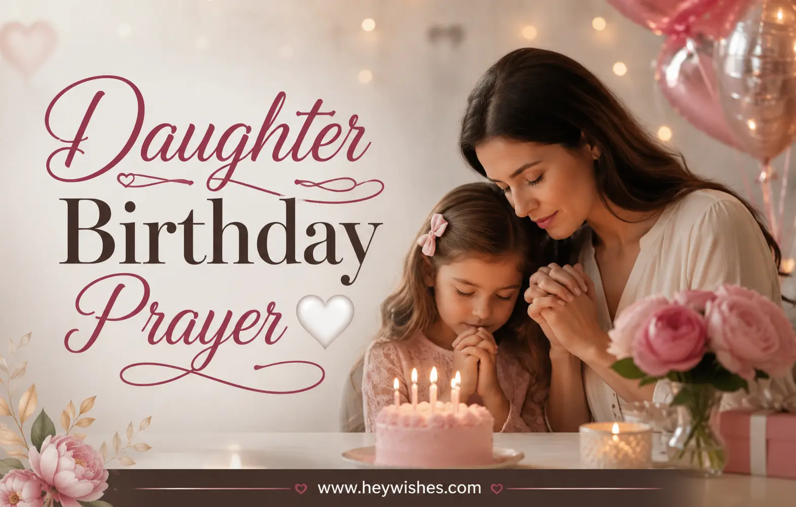 Mother and daughter praying beside birthday cake with elegant “Daughter Birthday Prayer” text and soft pink celebration decor.