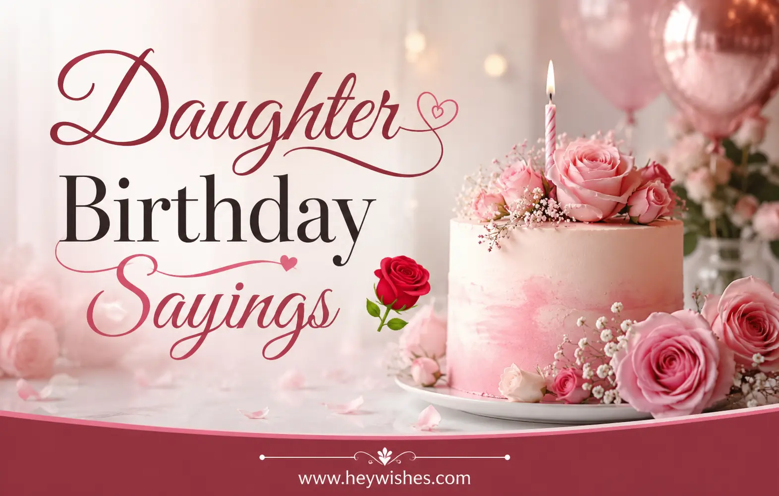 Elegant Daughter Birthday Sayings graphic with pink roses, birthday cake, stylish typography, and soft pastel celebration theme.