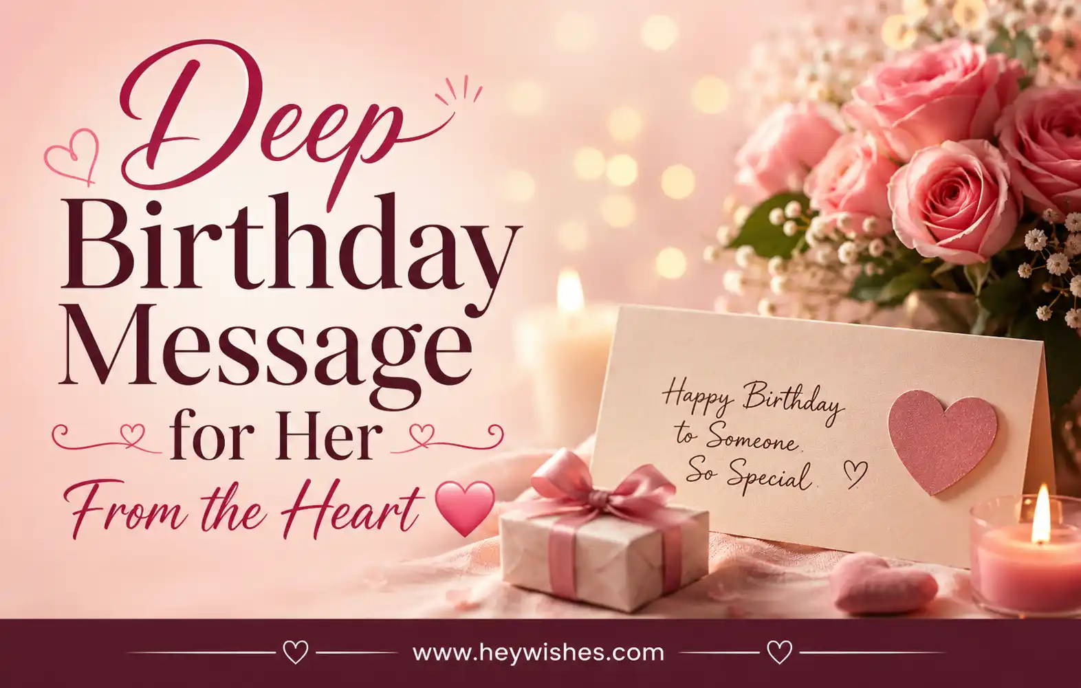 Romantic birthday card with pink roses, candles, gift box, and heartfelt typography saying “Deep Birthday Message for Her From the Heart 💗”.