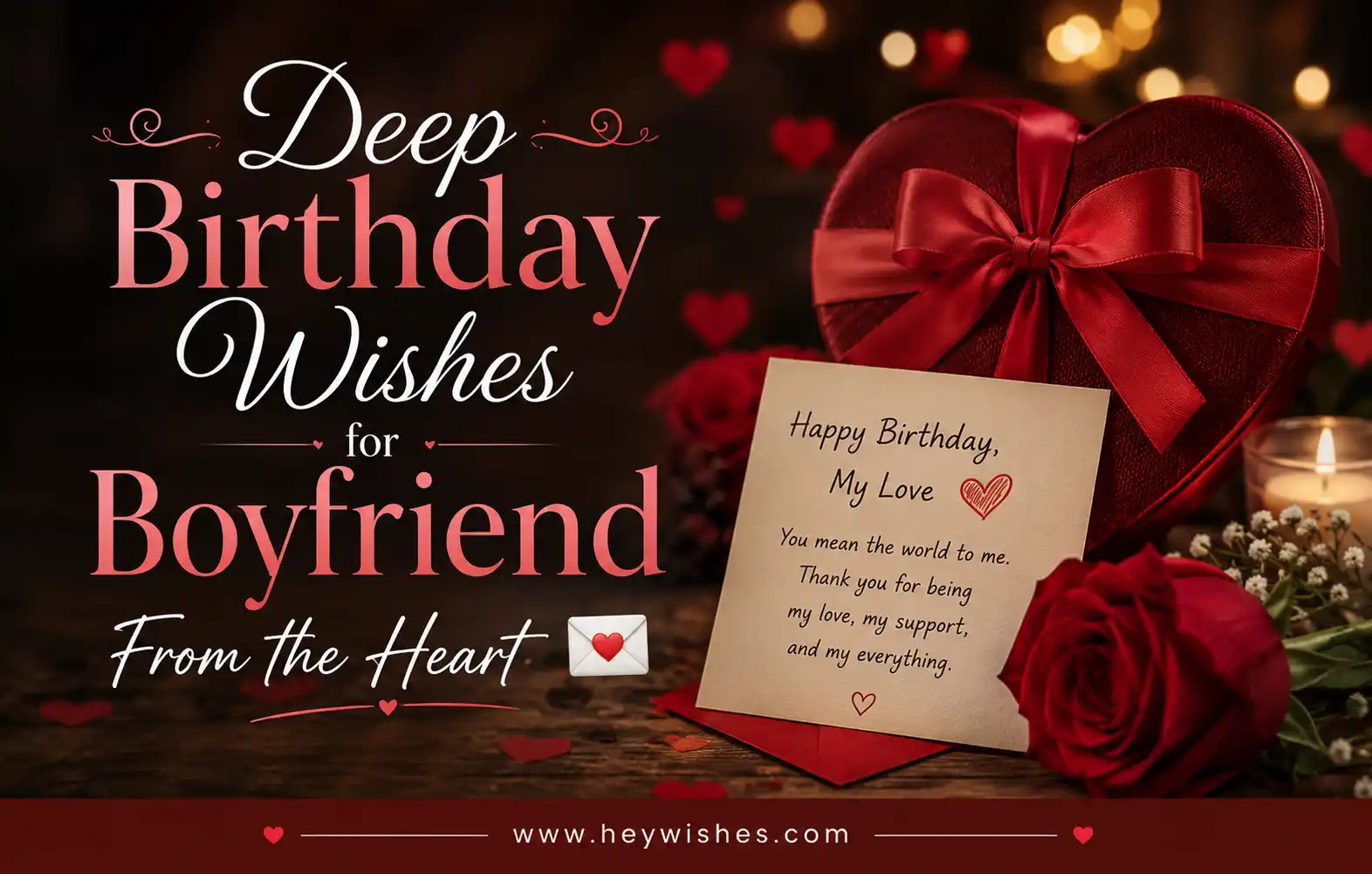 Romantic birthday image with heart gift box, roses, and stylish typography saying “Deep Birthday Wishes for Boyfriend From the Heart 💌” with HeyWishes footer.