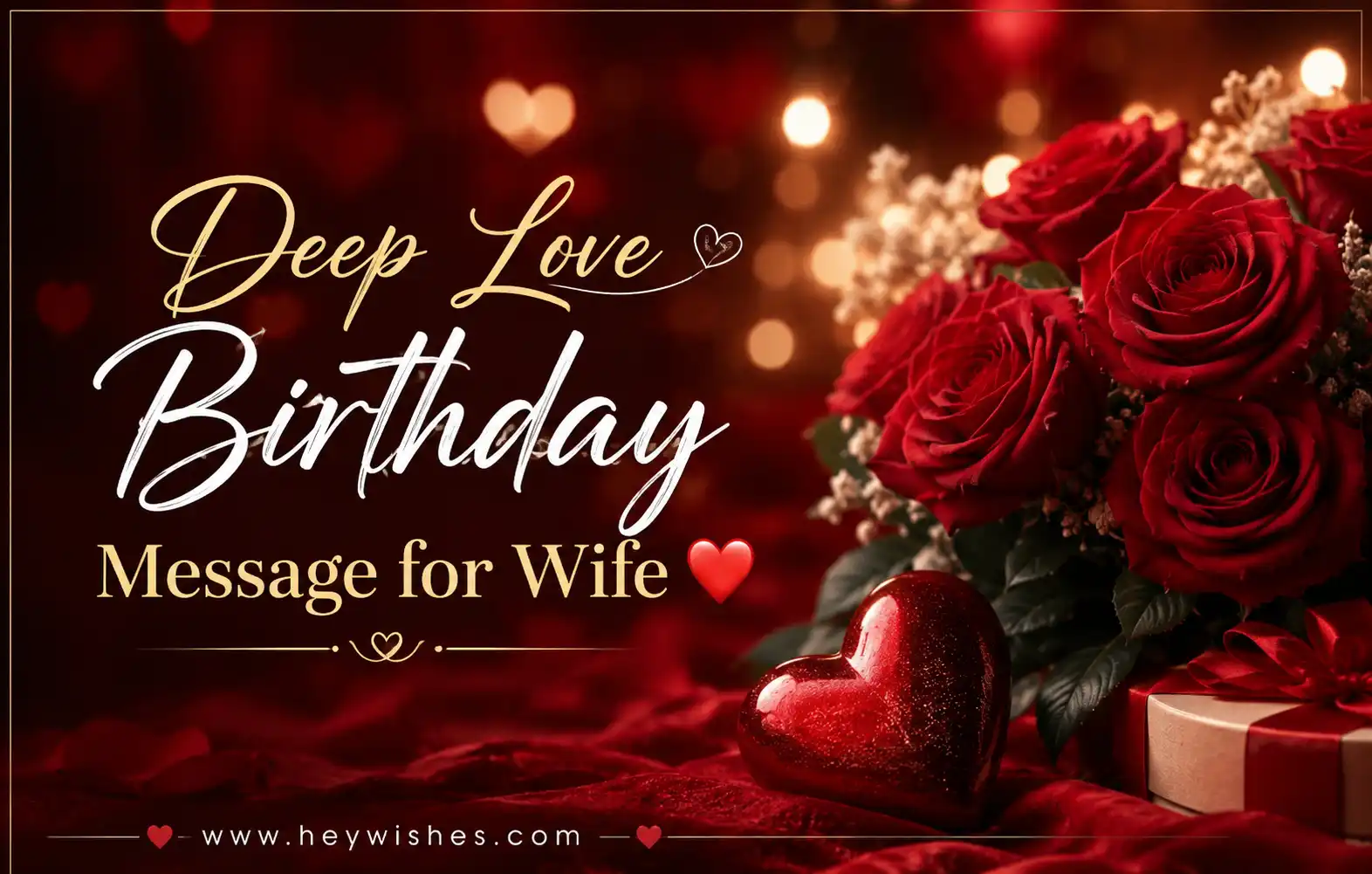 Romantic birthday banner for wife with red roses, heart decor, elegant typography, and deep love theme on stylish red background.