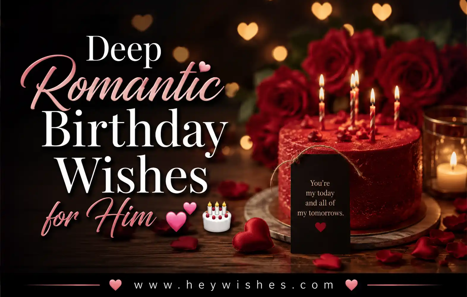 Romantic birthday setup with red roses, glowing candles, and elegant cake featuring deep romantic wishes for him.