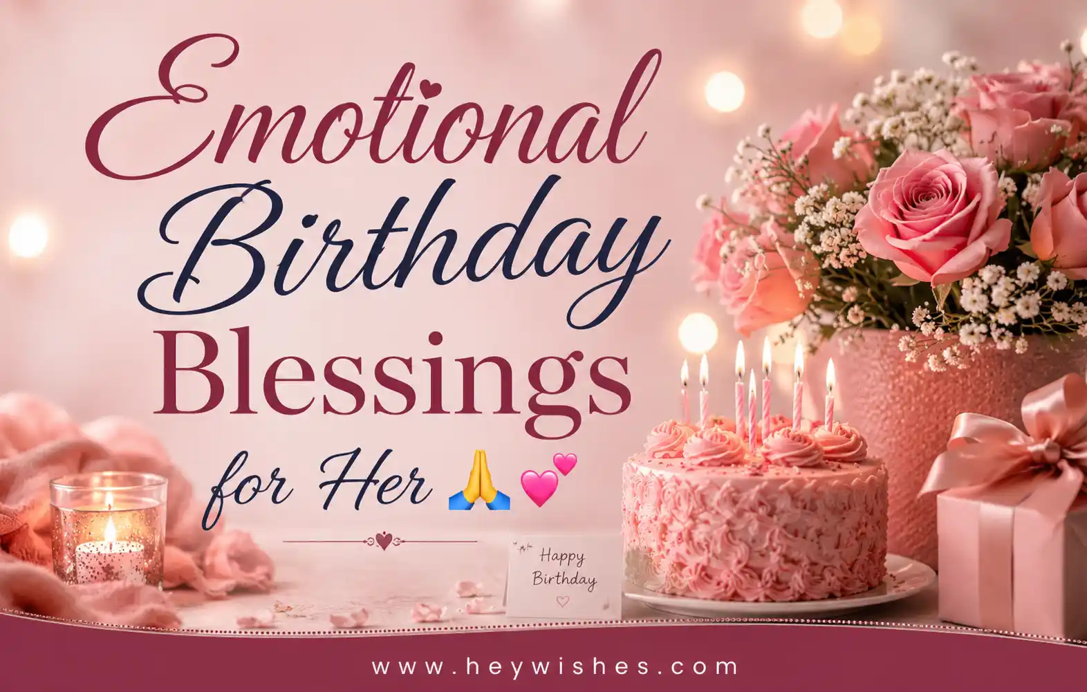 Elegant pink birthday blessing design with roses, cake, candles, and heartfelt typography for women with romantic celebration v