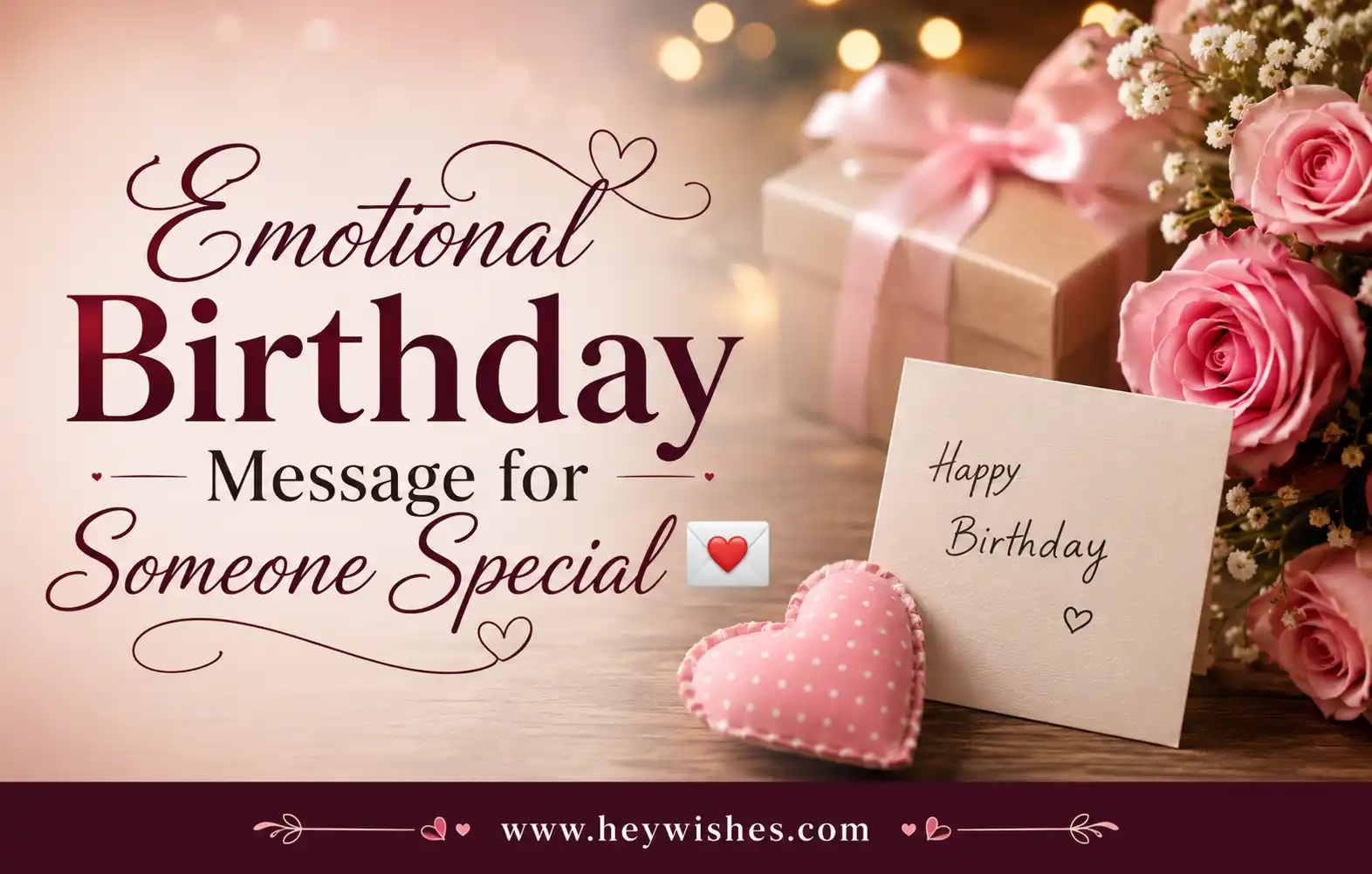 Elegant emotional birthday card with roses, gift box, heart decor, and stylish typography for someone special with warm romantic vibes.