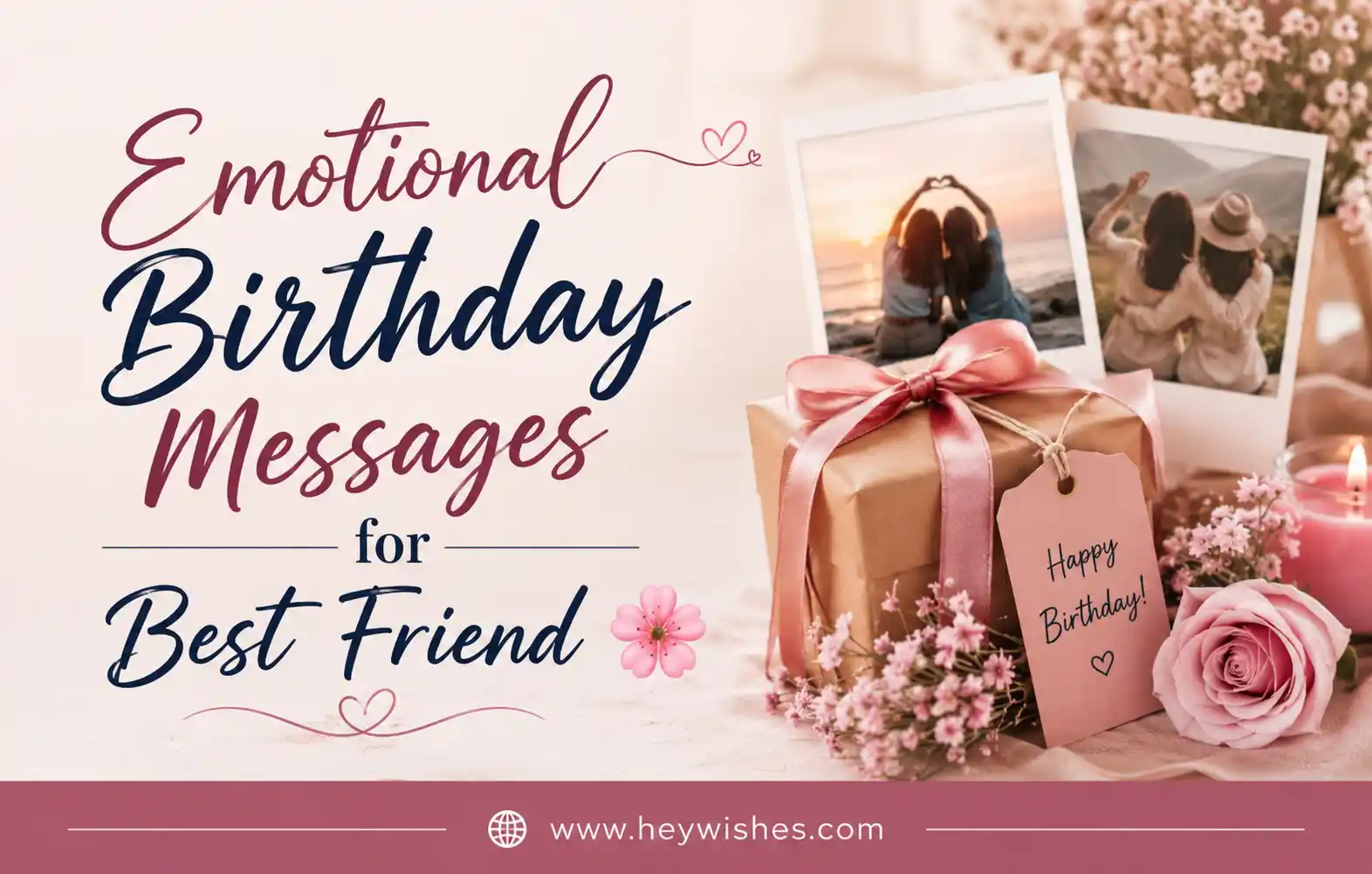 Elegant birthday banner with pink flowers, gift box, friendship photos, and stylish text for emotional birthday wishes for best friend.