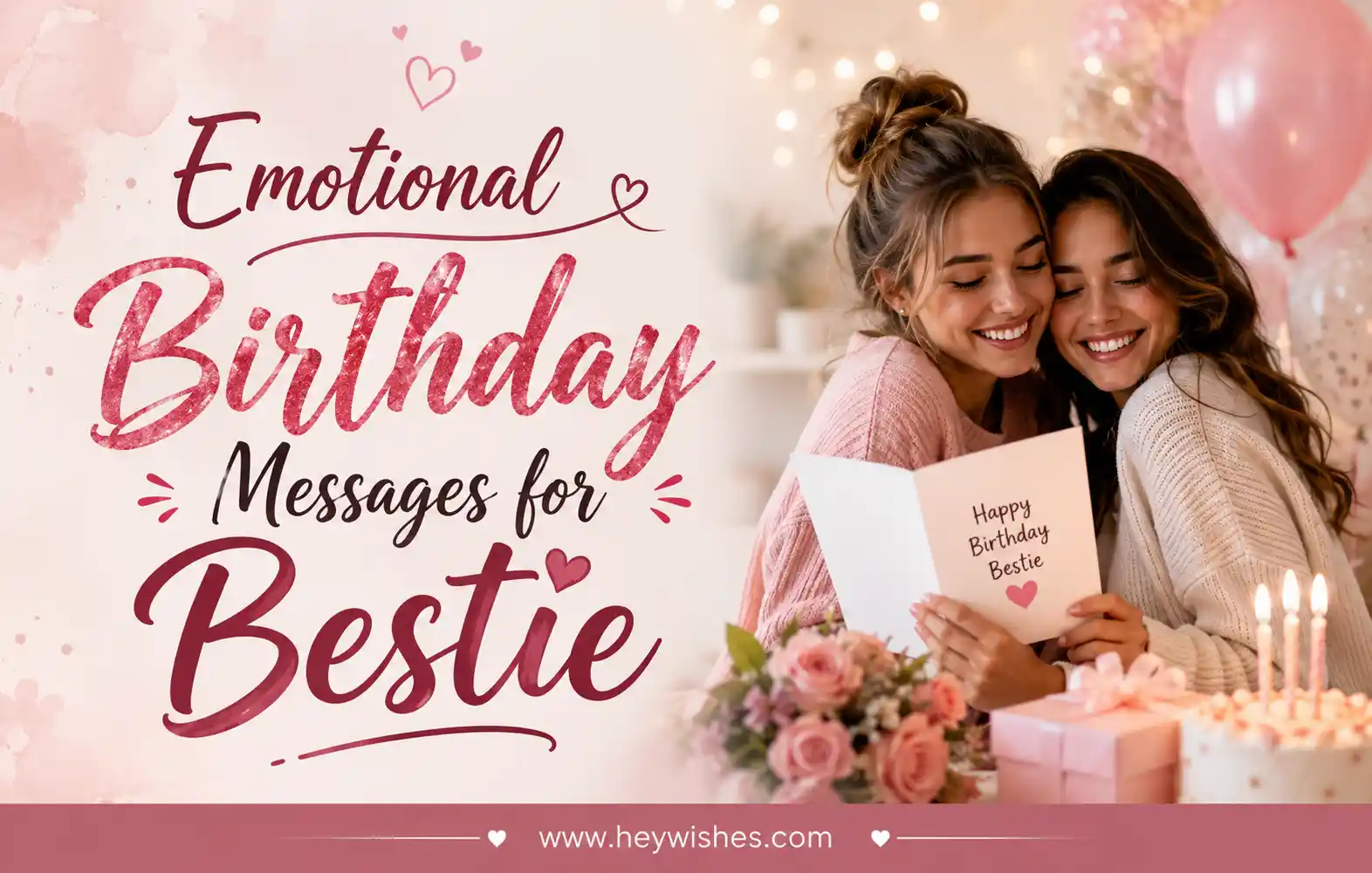Best friends sharing an emotional birthday moment with balloons, cake, flowers, and heartfelt birthday card in pastel celebration setting.