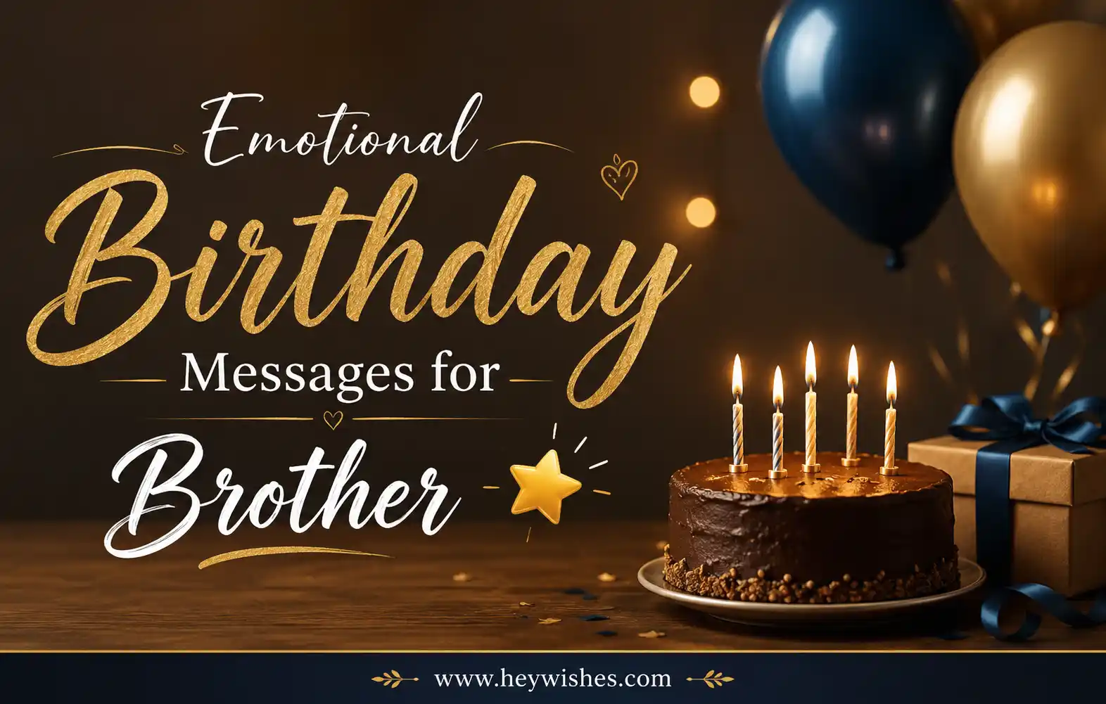 Emotional birthday banner for brother with stylish gold text, cake, balloons, gifts, and warm festive background.