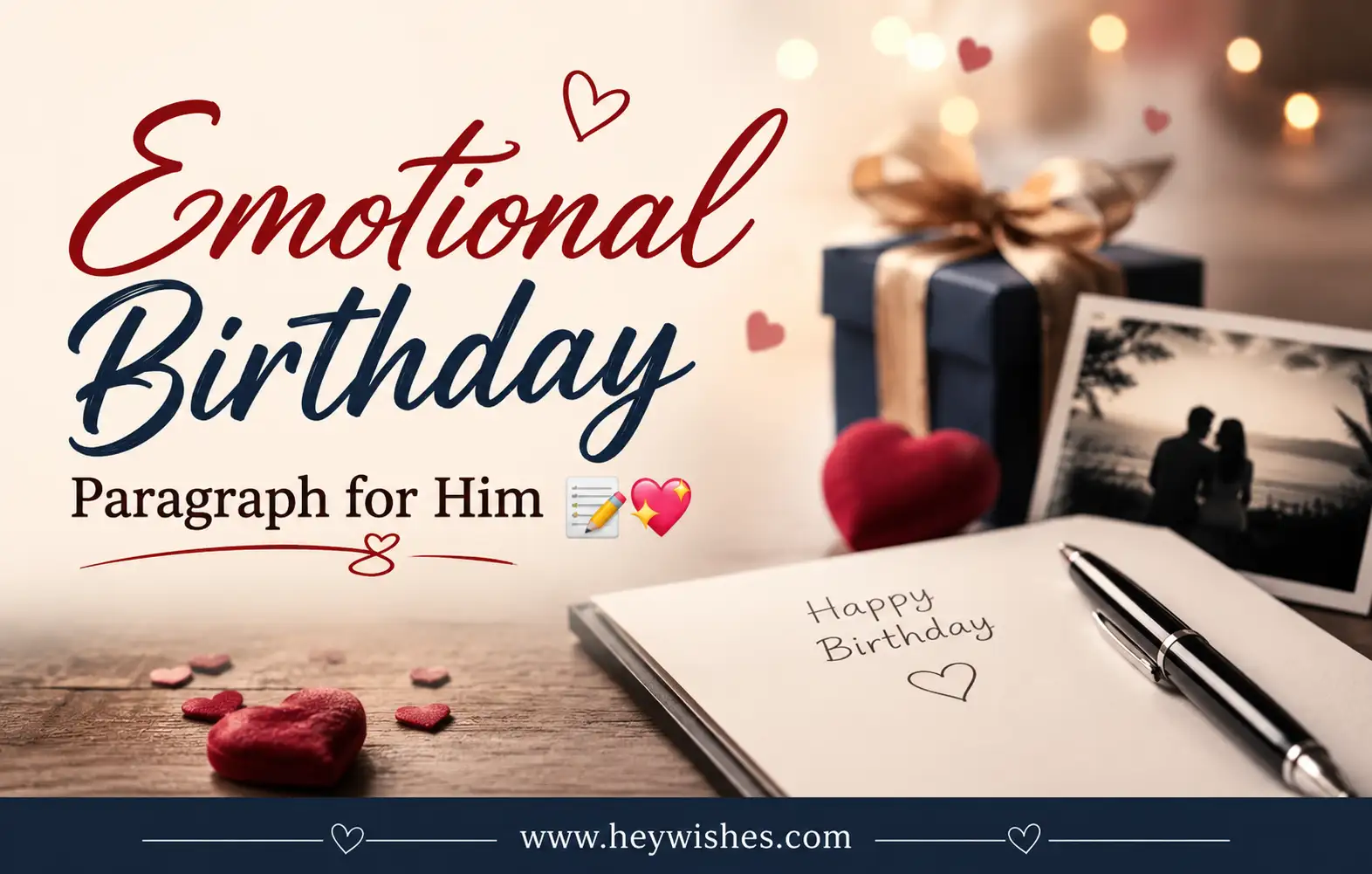 Romantic birthday graphic with elegant typography, heart decor, gift box, and notebook creating an emotional birthday vibe for him.