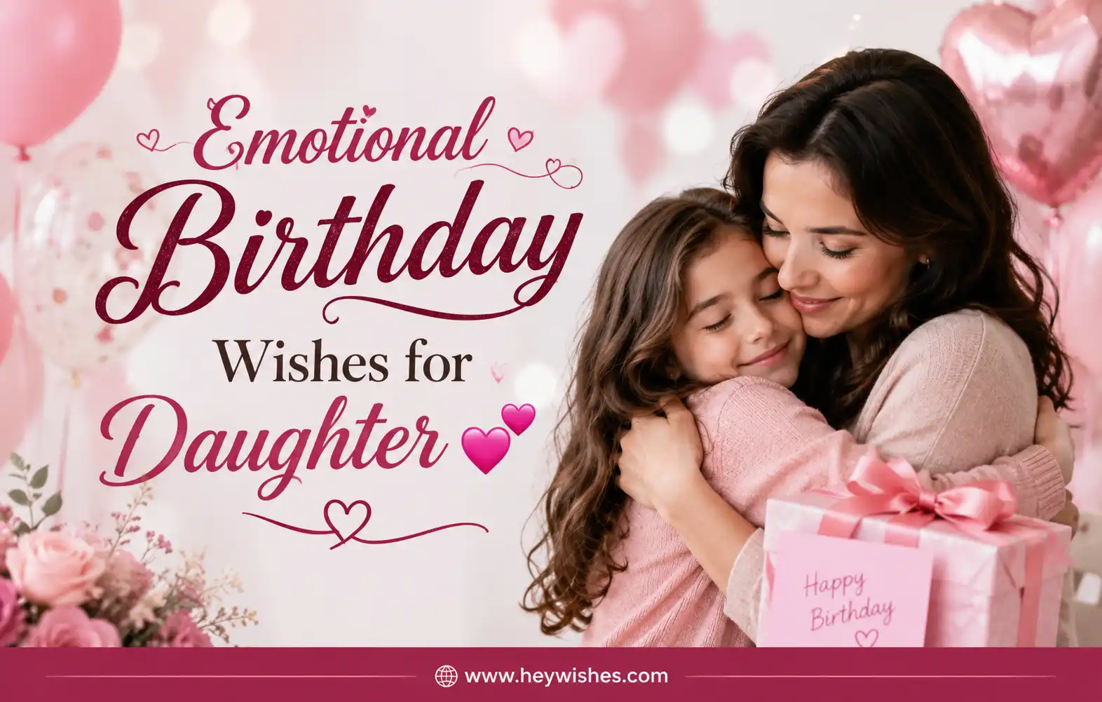 Emotional Birthday Wishes for Daughter 💕 with loving mother-daughter hug, pink birthday theme, balloons, flowers, and heartfelt celebration design.