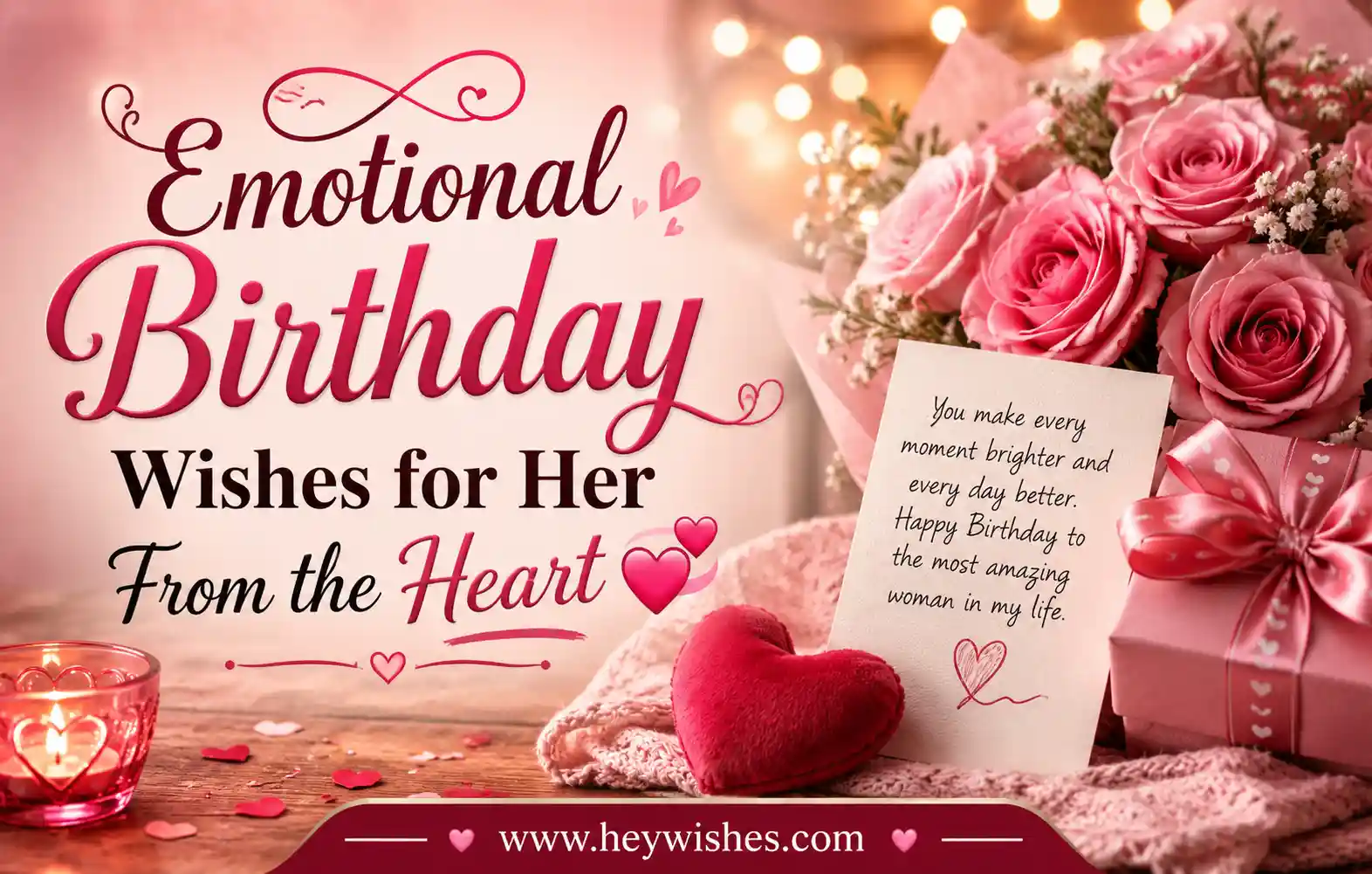 Emotional birthday wishes for her with roses, candlelight, hearts, and elegant pink typography on a romantic background.