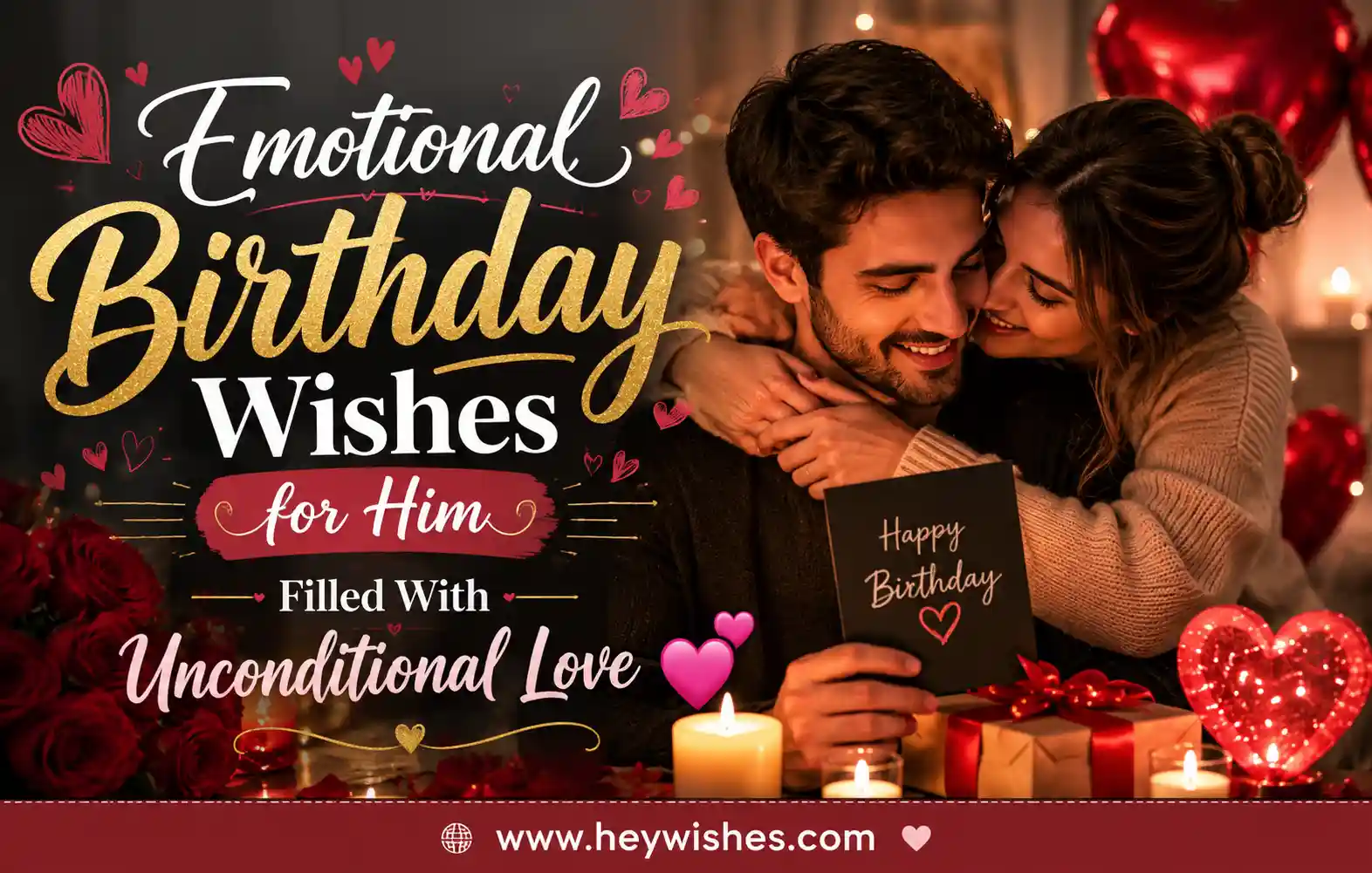 Emotional birthday wishes for him with romantic love theme, stylish typography, roses, candles, and cozy heartfelt background.