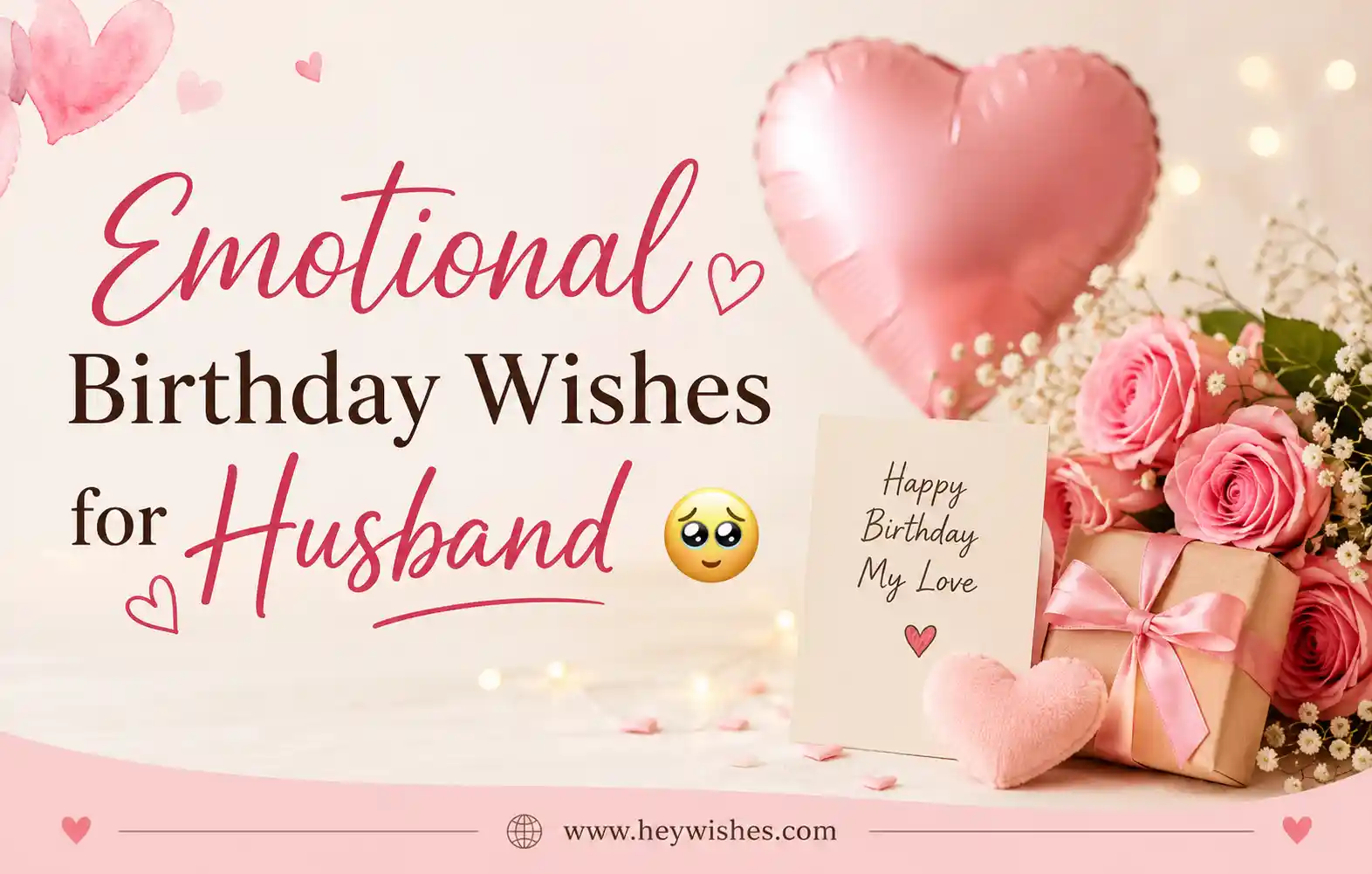 Romantic birthday graphic with pink hearts, roses, gift box, and stylish text “Emotional Birthday Wishes for Husband.